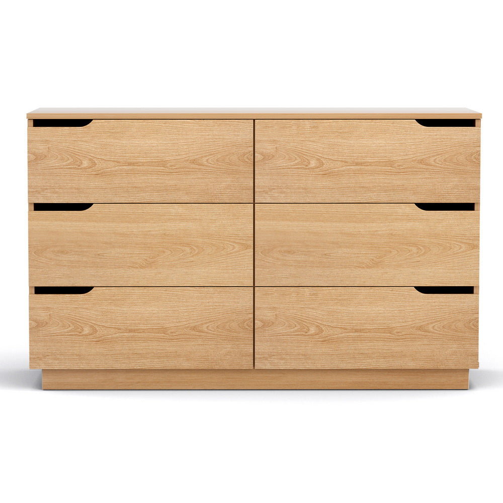 Light pine 6-drawer dresser with two center doors and black bar pulls, front view