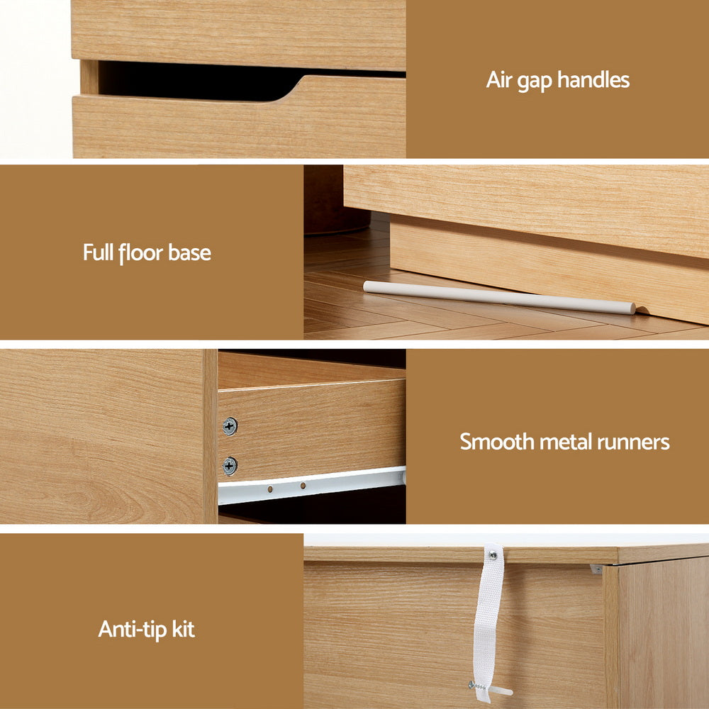 Dresser feature diagram: air gap handles, smooth metal runners, anti-tip kit