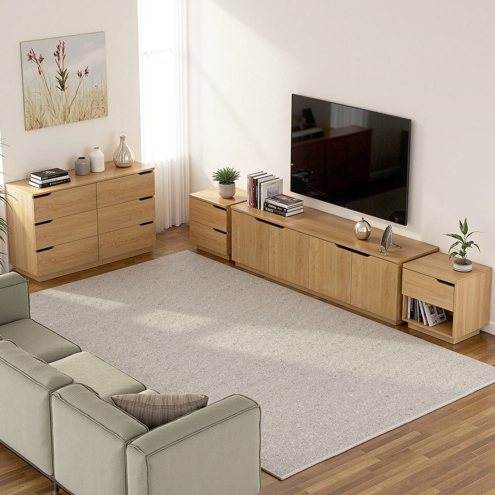 Light pine sideboard dresser with drawers and cupboards, black bar pulls