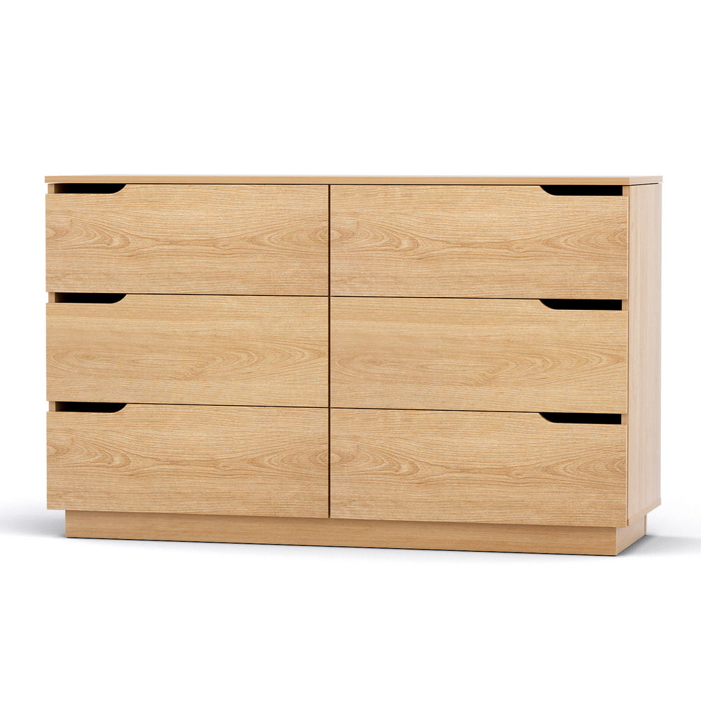 Light pine 6-drawer dresser with black bar handles, front view
