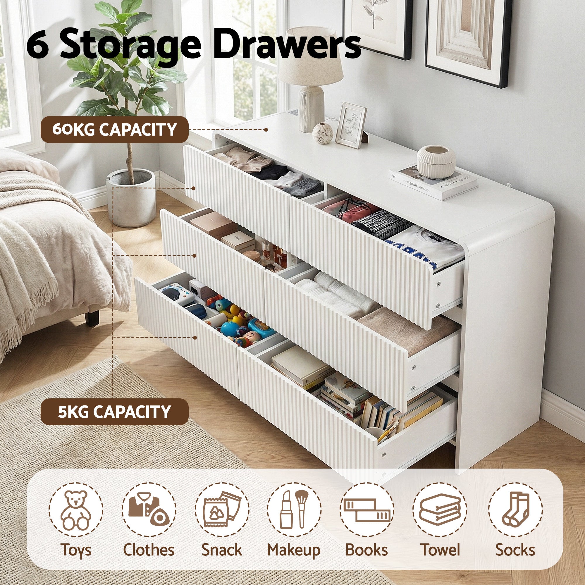 Artiss 6 Chest of Drawers Dresser Cabinet Beige Bedworld
