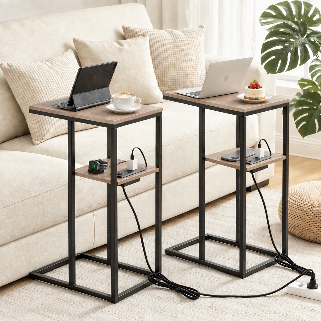 Artiss C-Shaped End Table Set Of 2 Charging Station 2-Tier Side Coffee Table Bedside Wood Bedworld