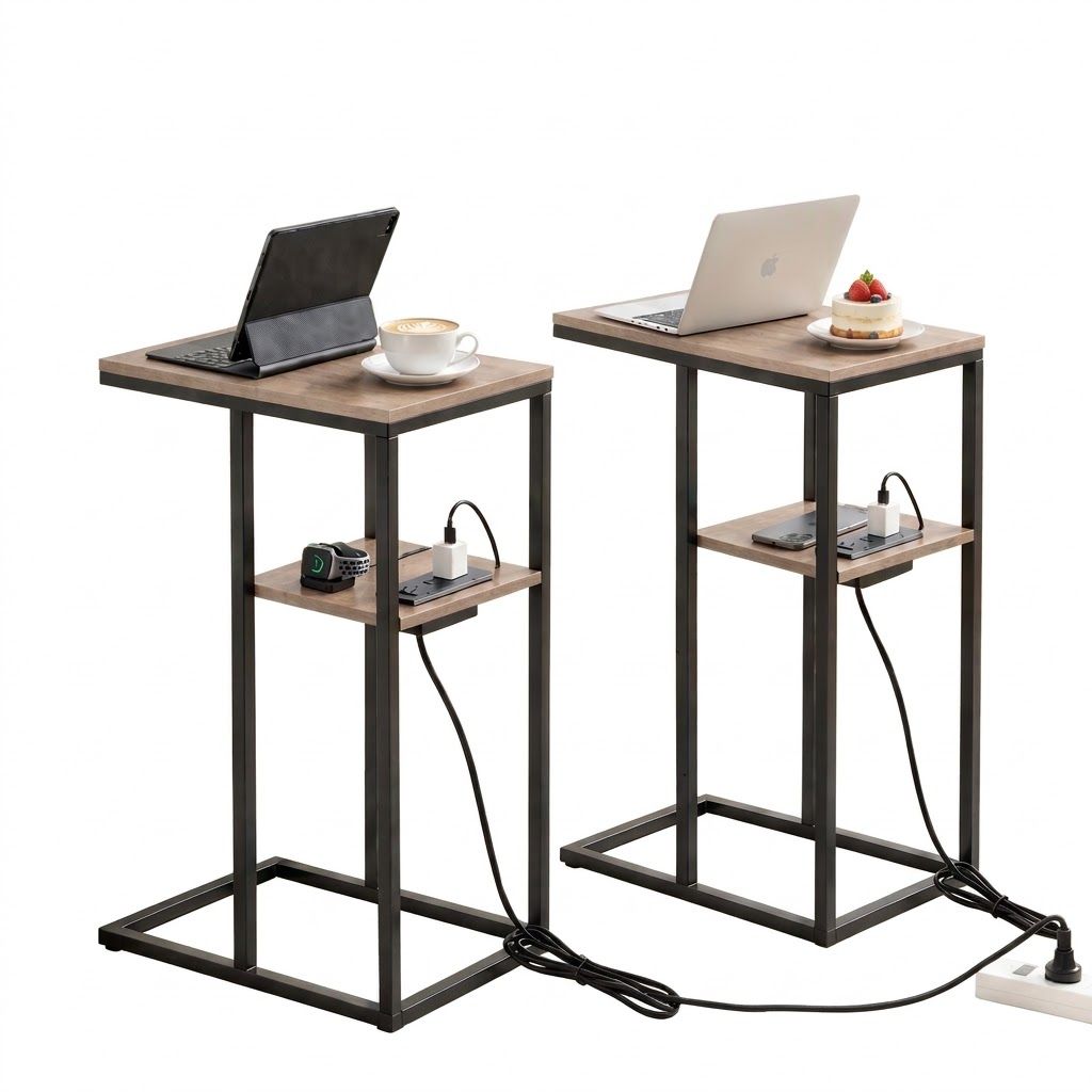 Artiss C-Shaped End Table Set Of 2 Charging Station 2-Tier Side Coffee Table Bedside Wood Bedworld