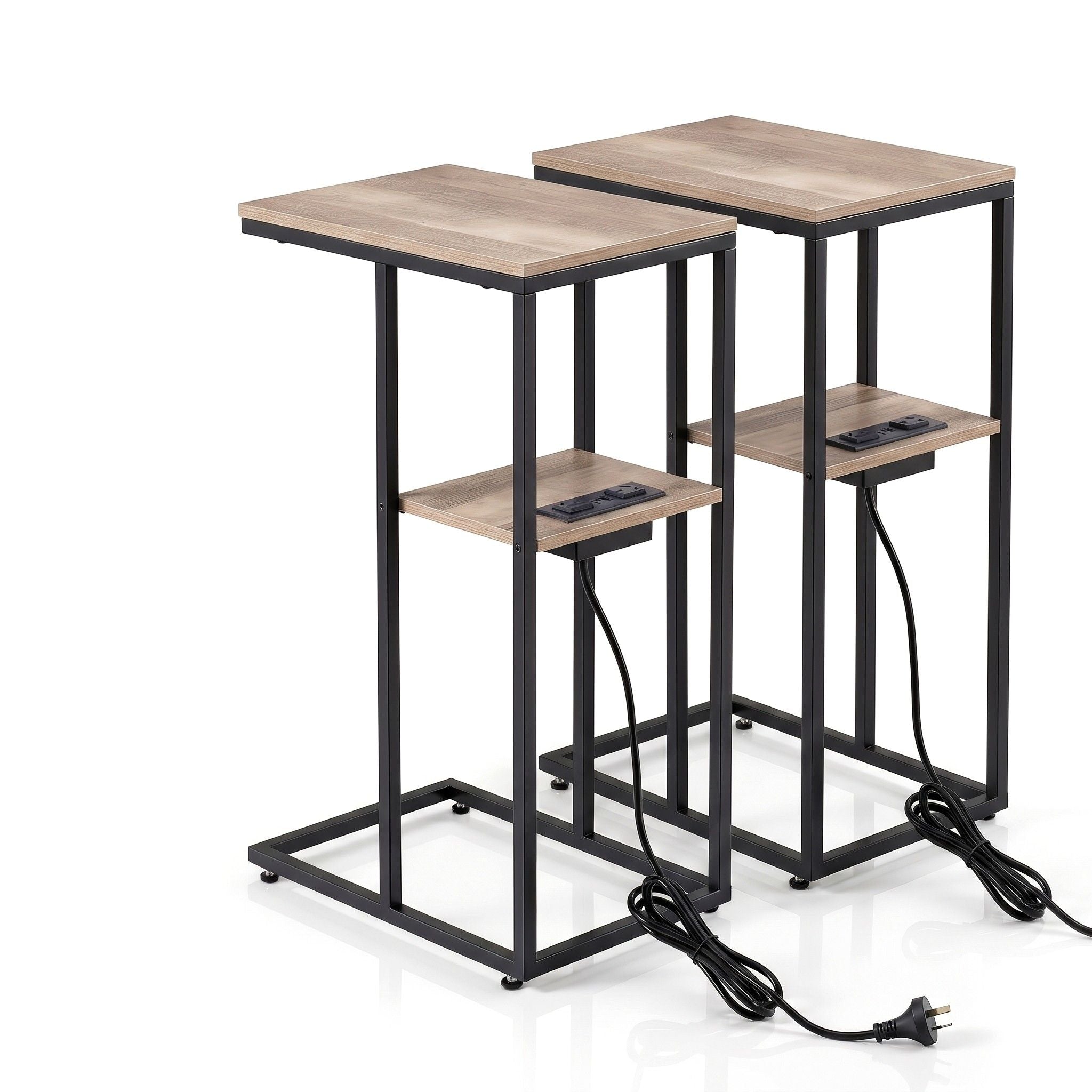 Artiss C-Shaped End Table Set Of 2 Charging Station 2-Tier Side Coffee Table Bedside Wood Bedworld
