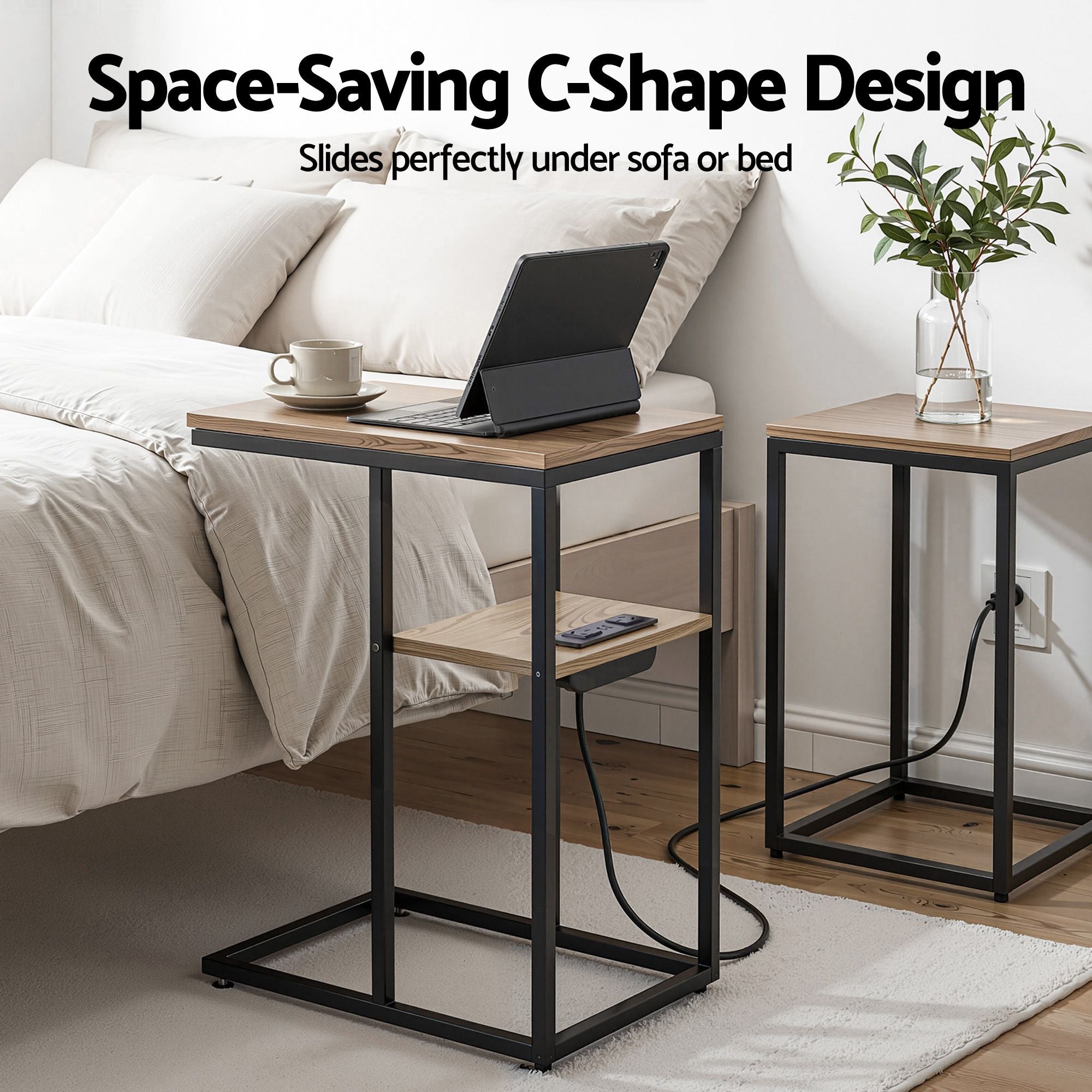 Artiss C-Shaped End Table Set Of 2 Charging Station 2-Tier Side Coffee Table Bedside Wood Bedworld