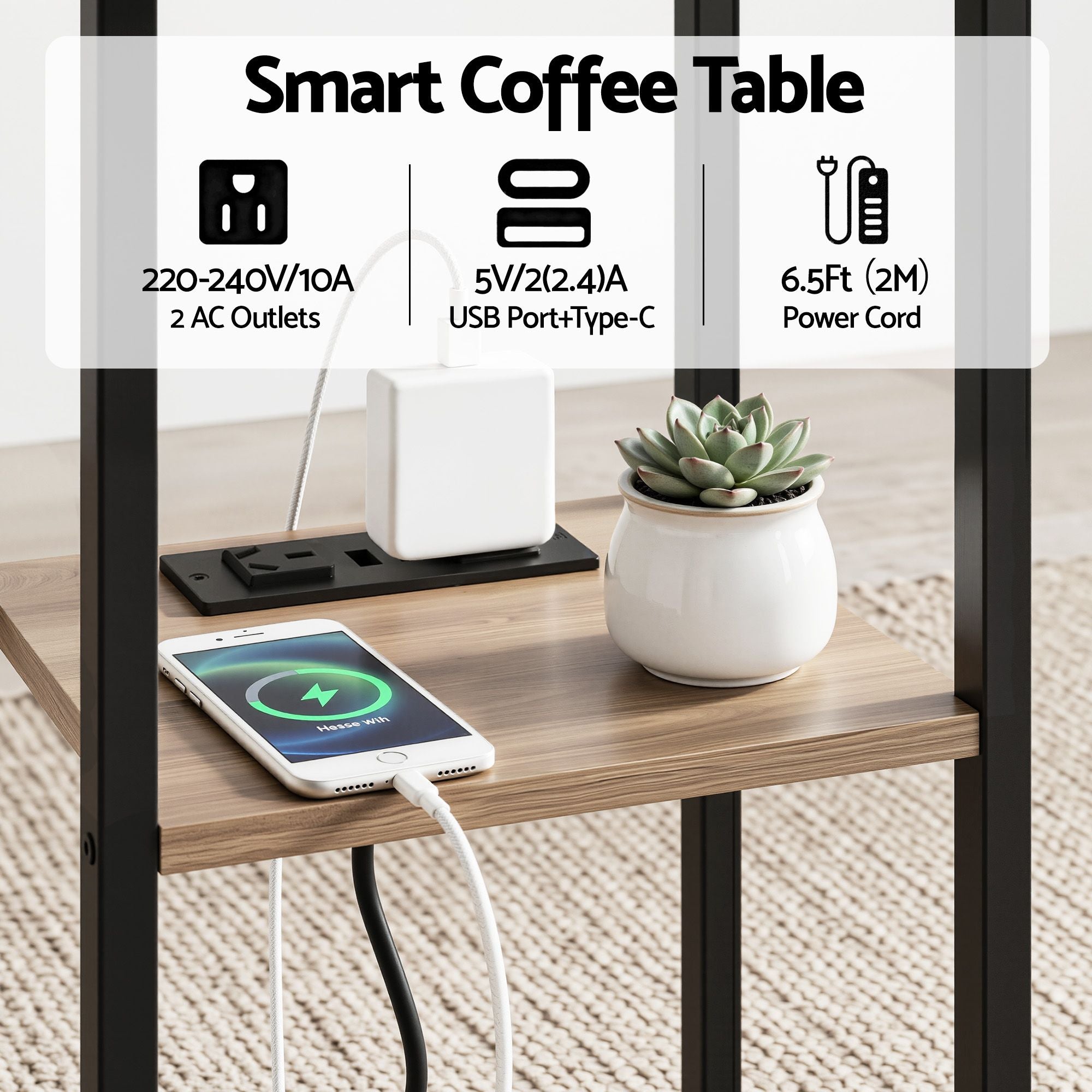 Artiss C-Shaped End Table Set Of 2 Charging Station 2-Tier Side Coffee Table Bedside Wood Bedworld