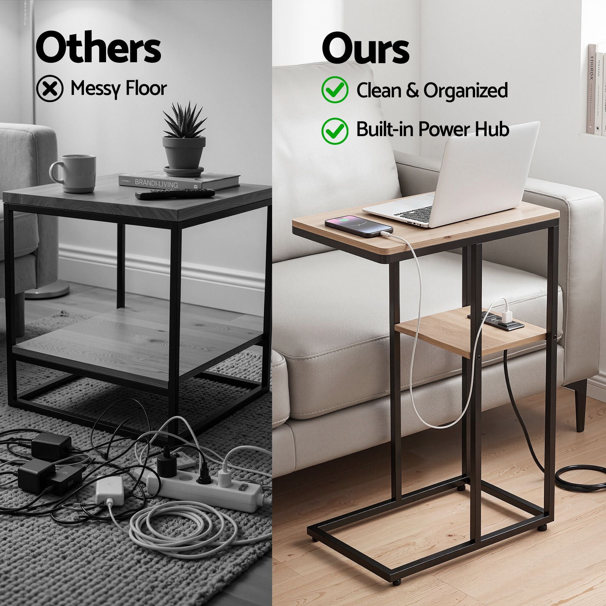 Artiss C-Shaped End Table Set Of 2 Charging Station 2-Tier Side Coffee Table Bedside Wood Bedworld