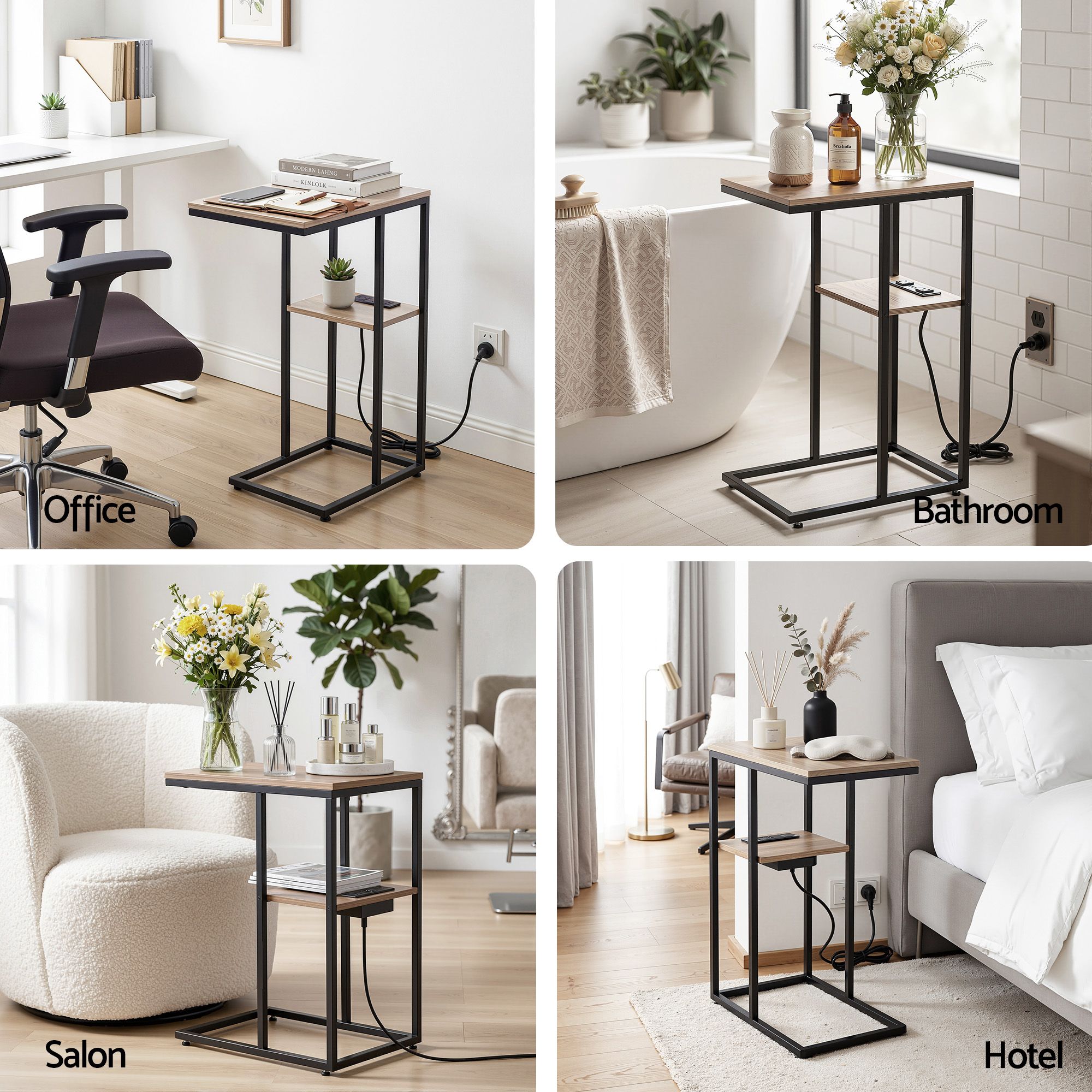 Artiss C-Shaped End Table Set Of 2 Charging Station 2-Tier Side Coffee Table Bedside Wood Bedworld