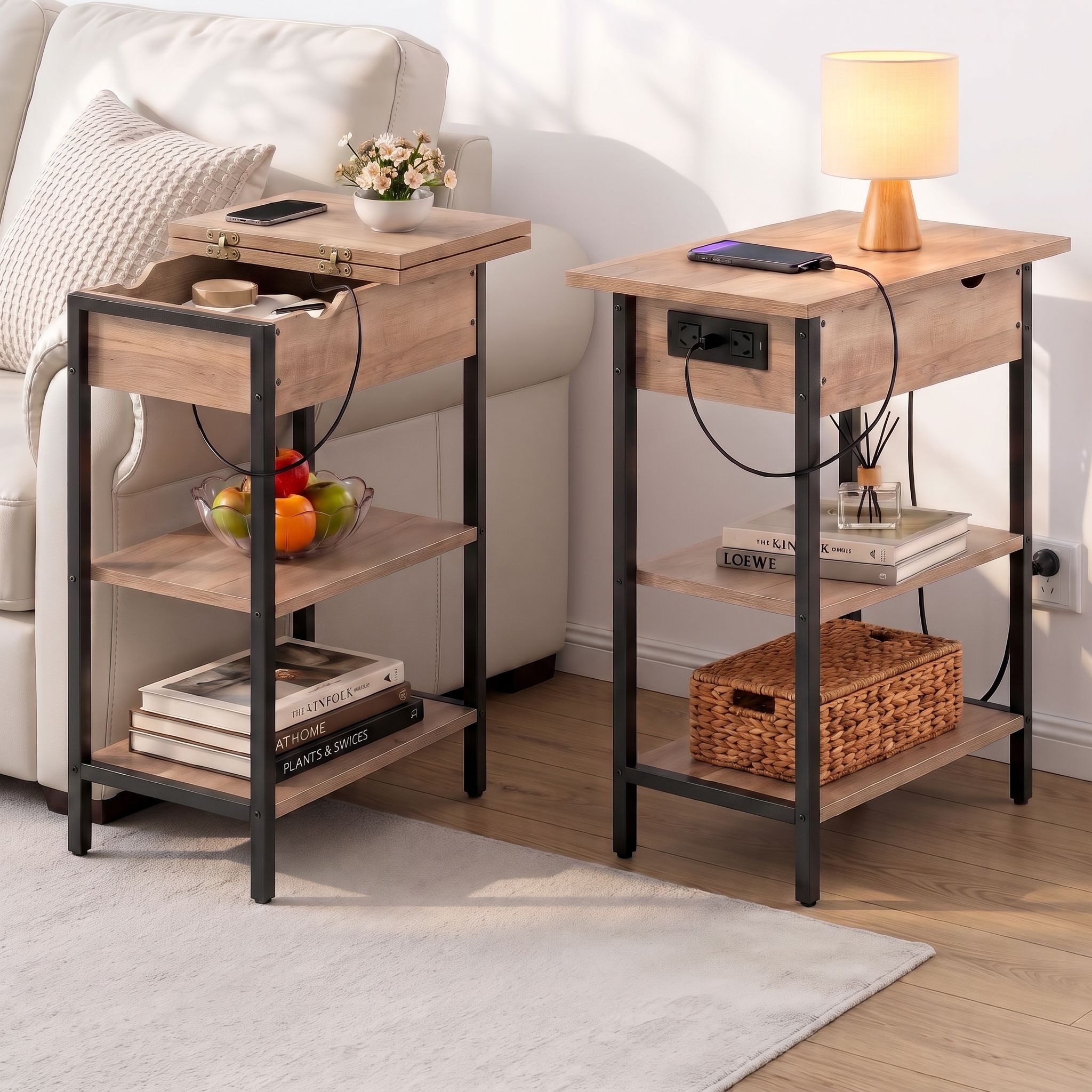 Artiss Coffee Table Set Of 2 Side Bedside End Table Charging Station Flip-Top Storage 60cm Wood Bedworld