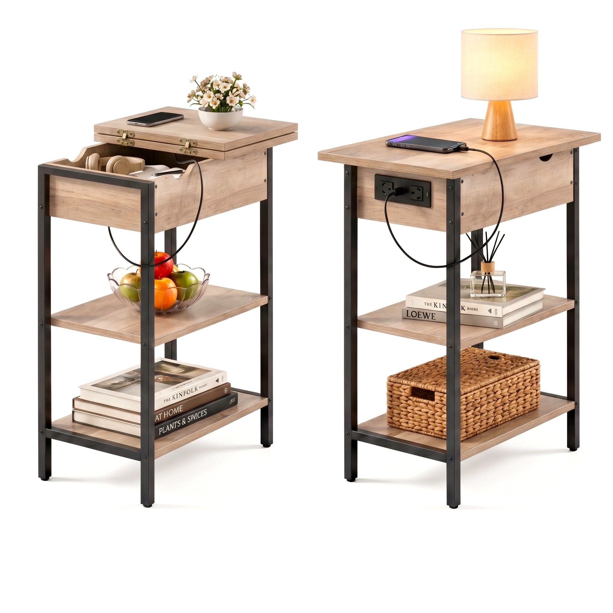 Artiss Coffee Table Set Of 2 Side Bedside End Table Charging Station Flip-Top Storage 60cm Wood Bedworld