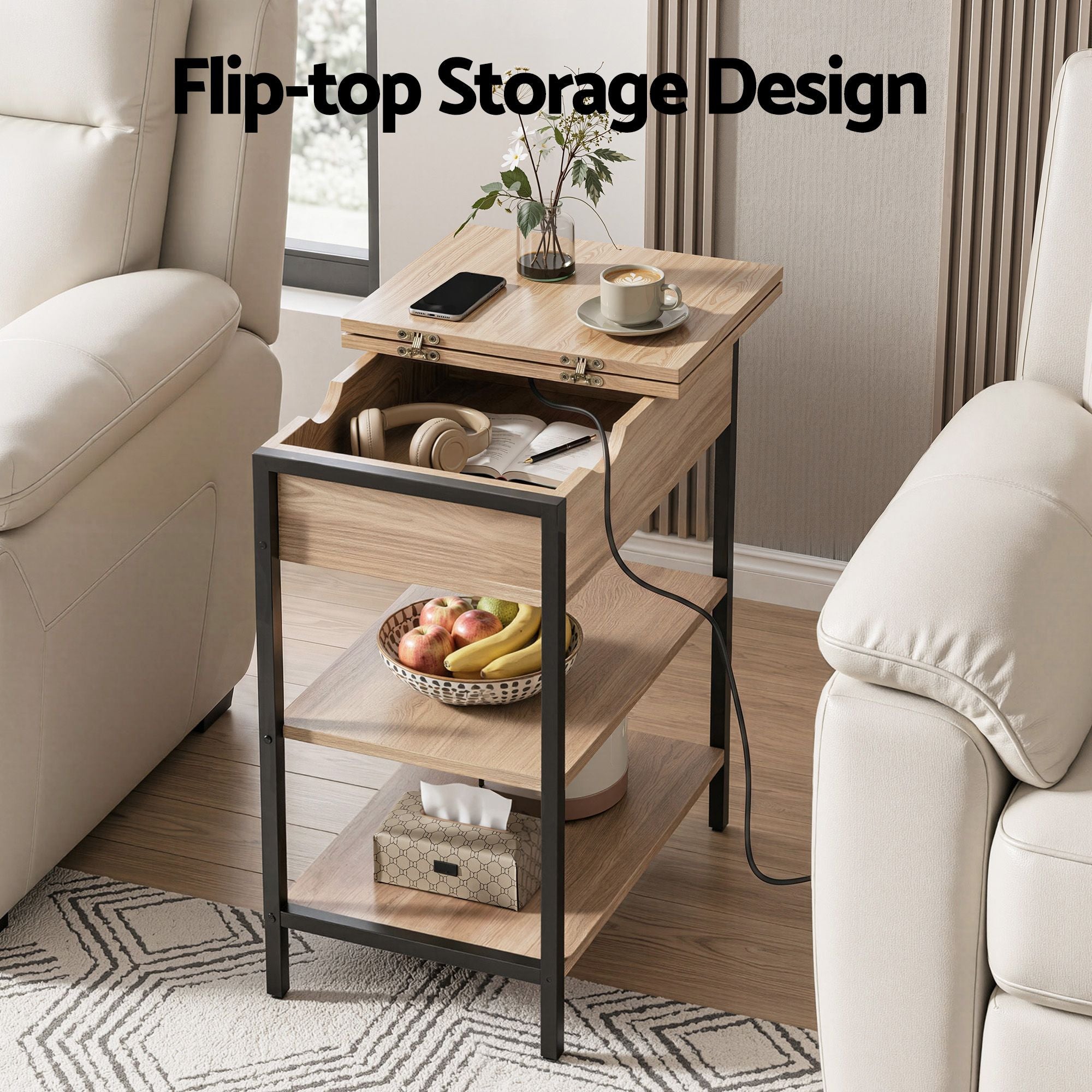 Artiss Coffee Table Set Of 2 Side Bedside End Table Charging Station Flip-Top Storage 60cm Wood Bedworld