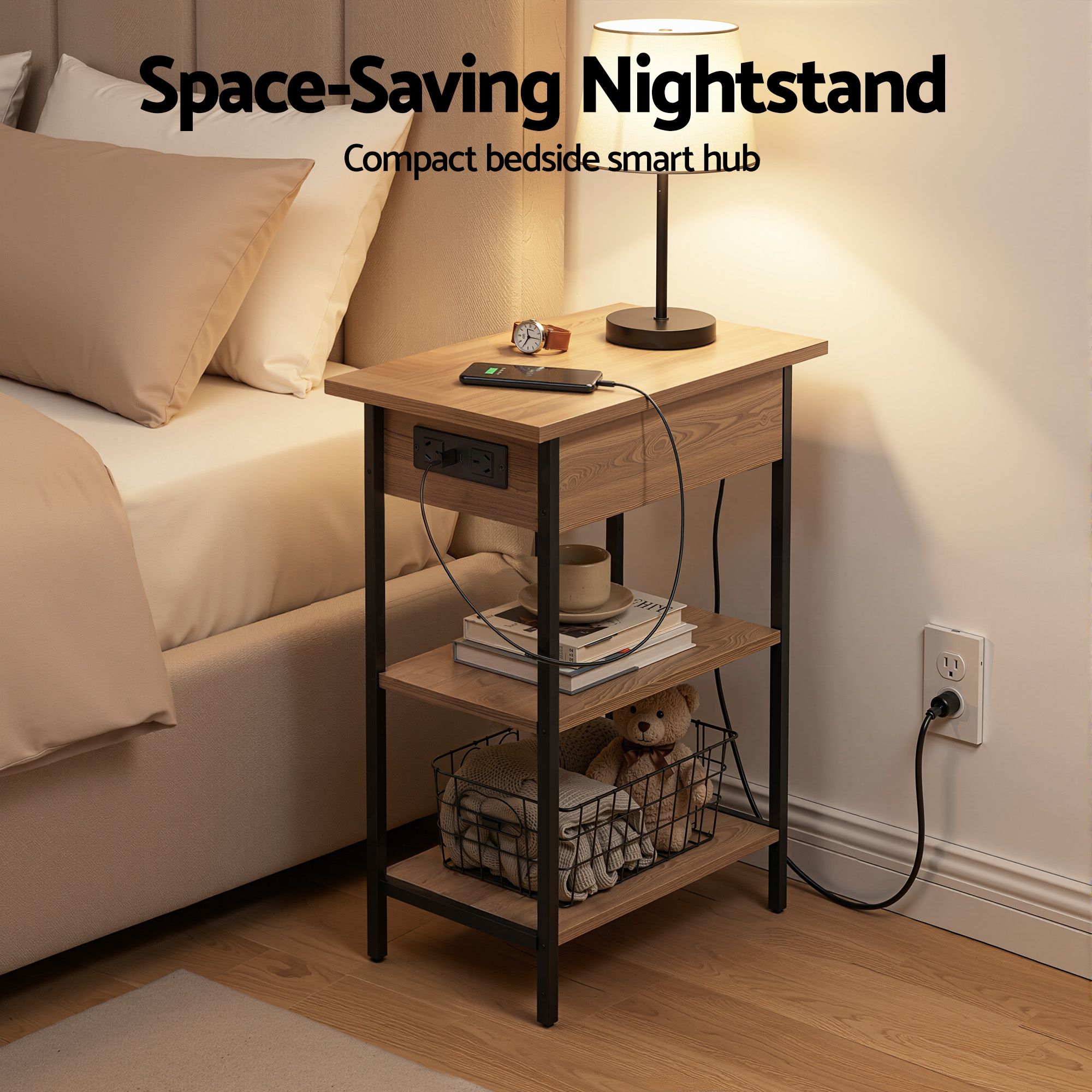 Artiss Coffee Table Set Of 2 Side Bedside End Table Charging Station Flip-Top Storage 60cm Wood Bedworld