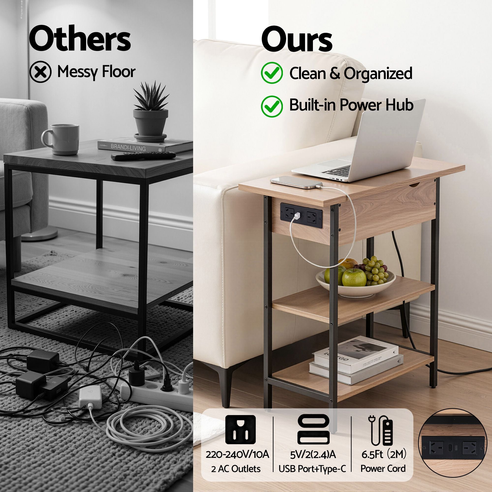 Artiss Coffee Table Set Of 2 Side Bedside End Table Charging Station Flip-Top Storage 60cm Wood Bedworld