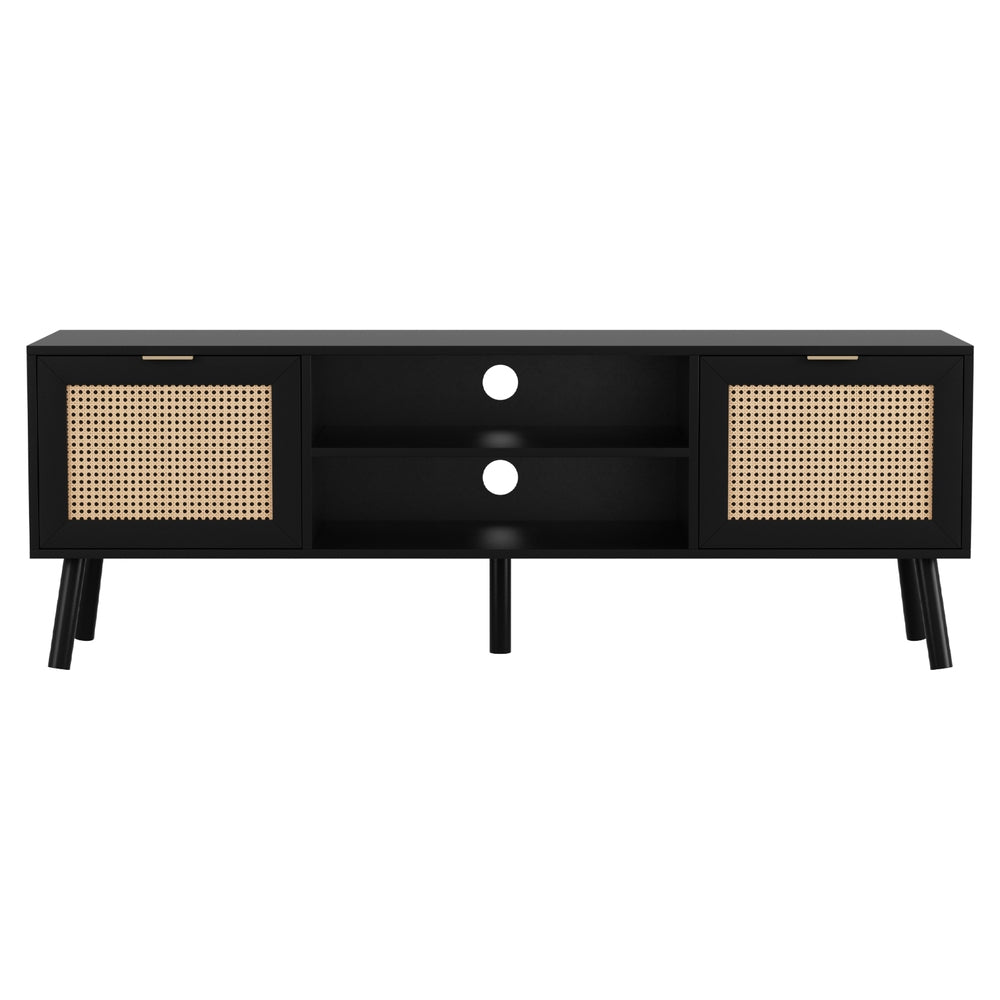 Black TV storage cabinet with two rattan-look doors, open shelves, and gold handles
