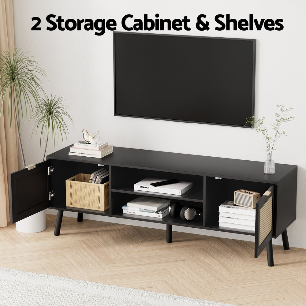 Black TV storage cabinet with open compartments, swing doors, and rattan-look baskets