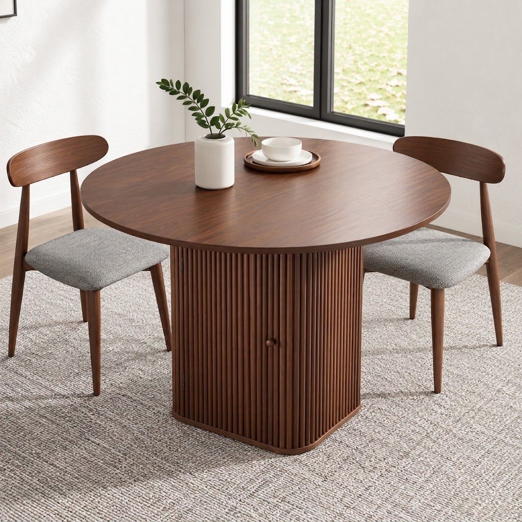 Artiss Modern Round Dining Table with Hidden Storage Base 100cm Dark Walnut Bedworld