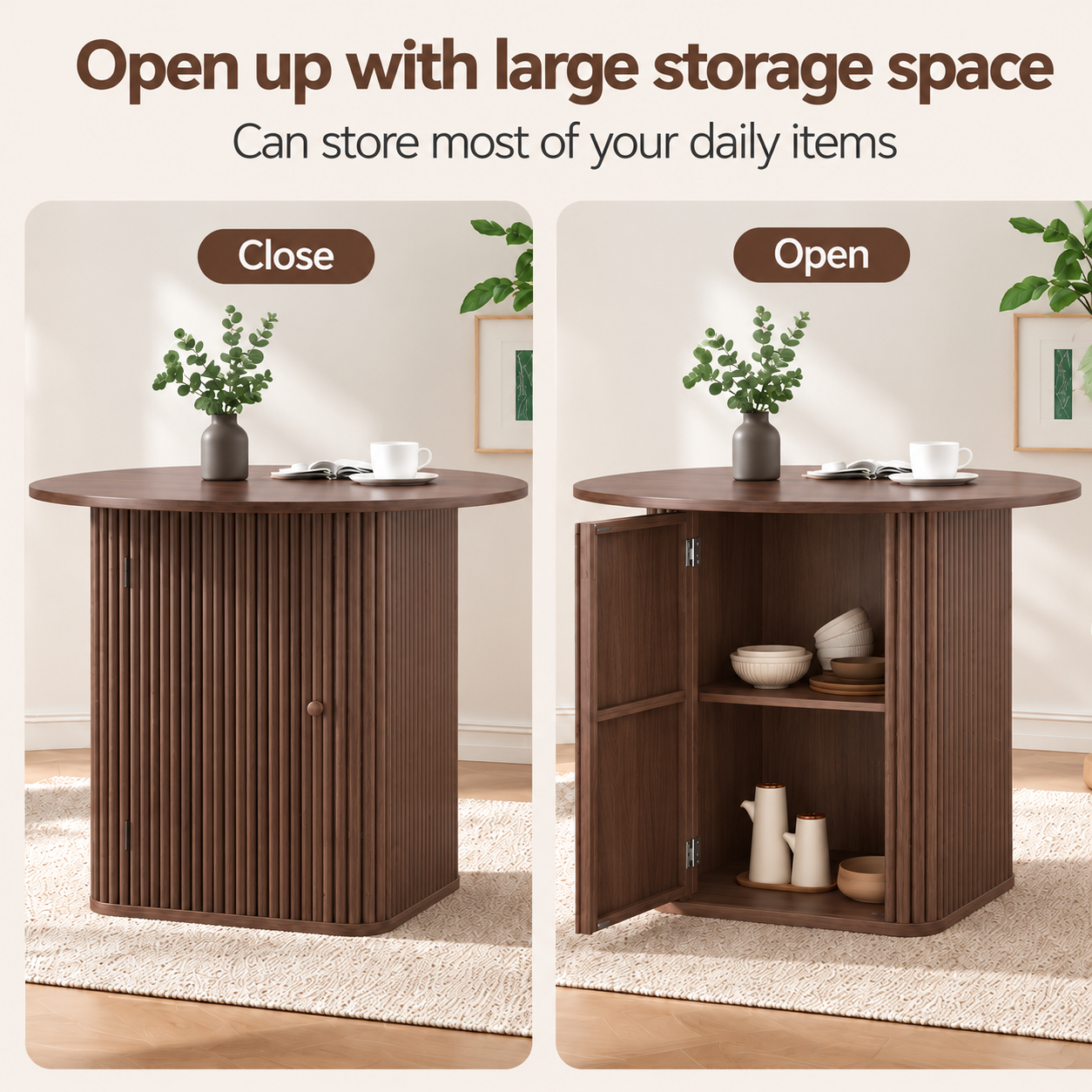 Artiss Modern Round Dining Table with Hidden Storage Base 100cm Dark Walnut Bedworld
