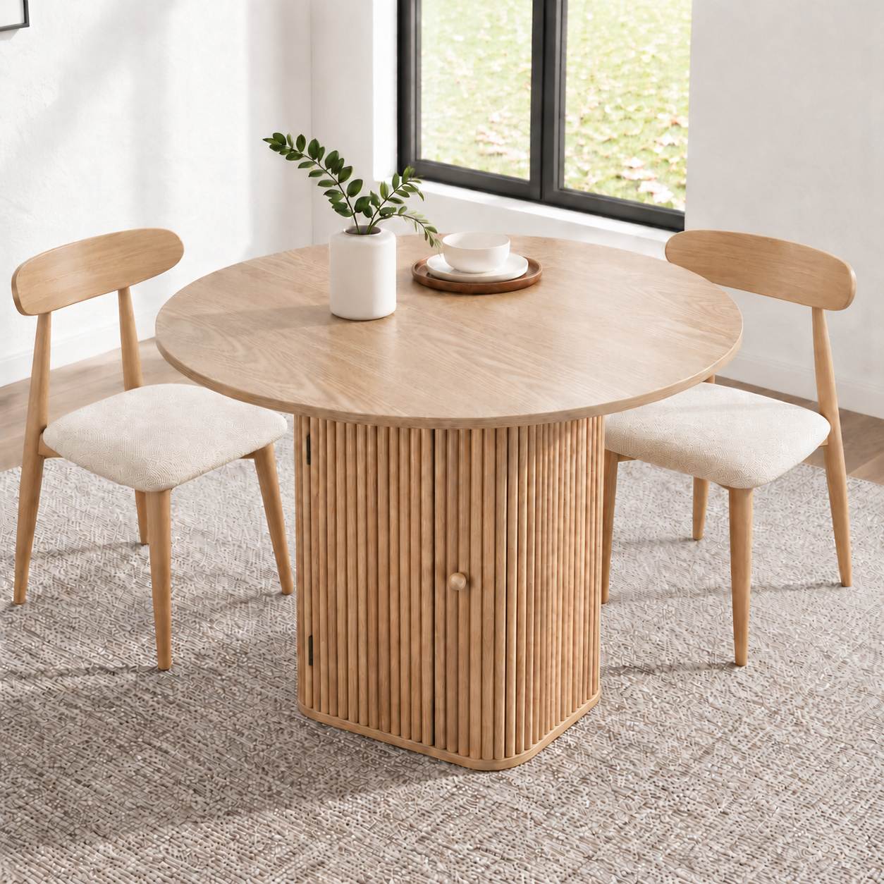 Artiss Modern Round Dining Table with Hidden Storage Base 80cm Natural Wood Bedworld