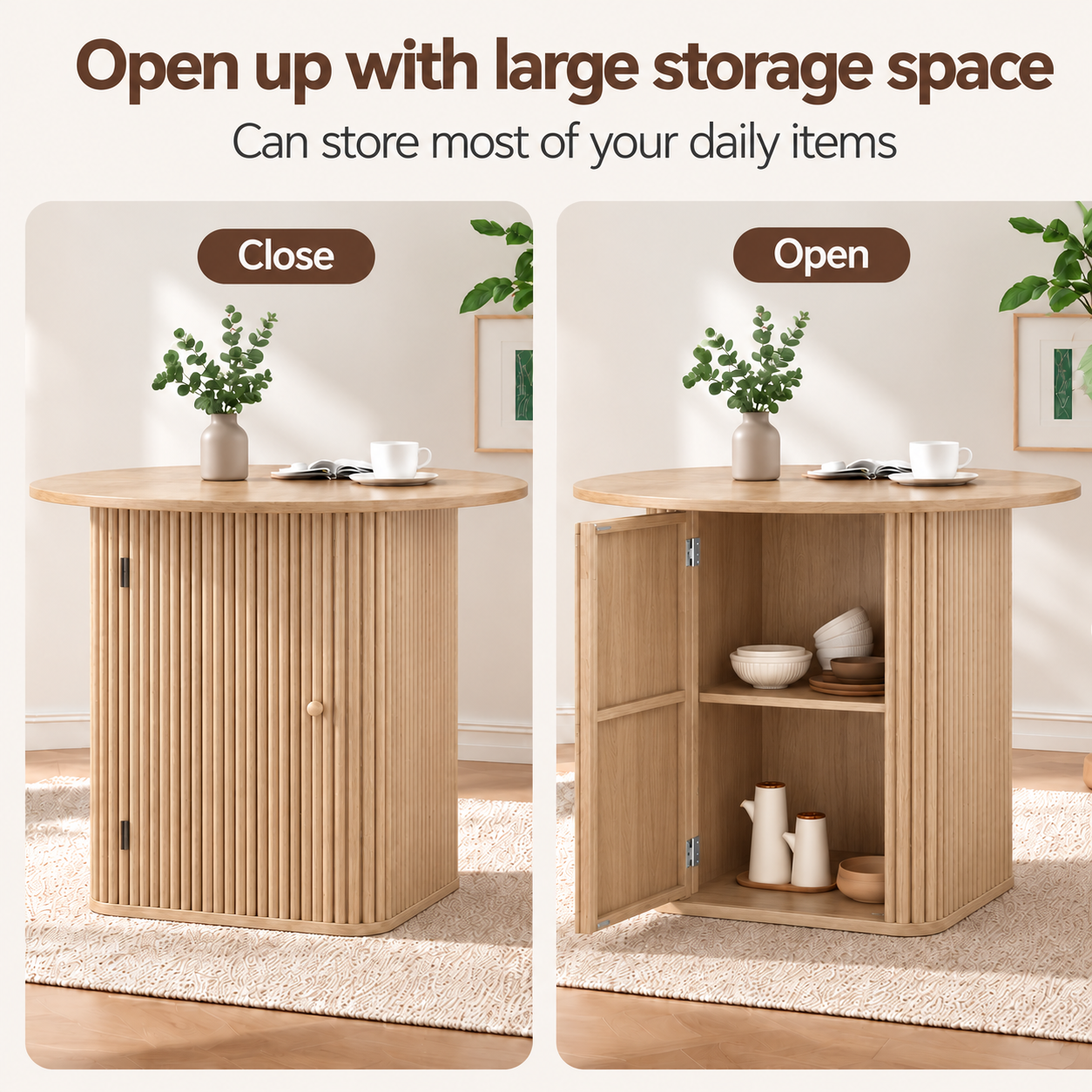 Artiss Modern Round Dining Table with Hidden Storage Base 80cm Natural Wood Bedworld