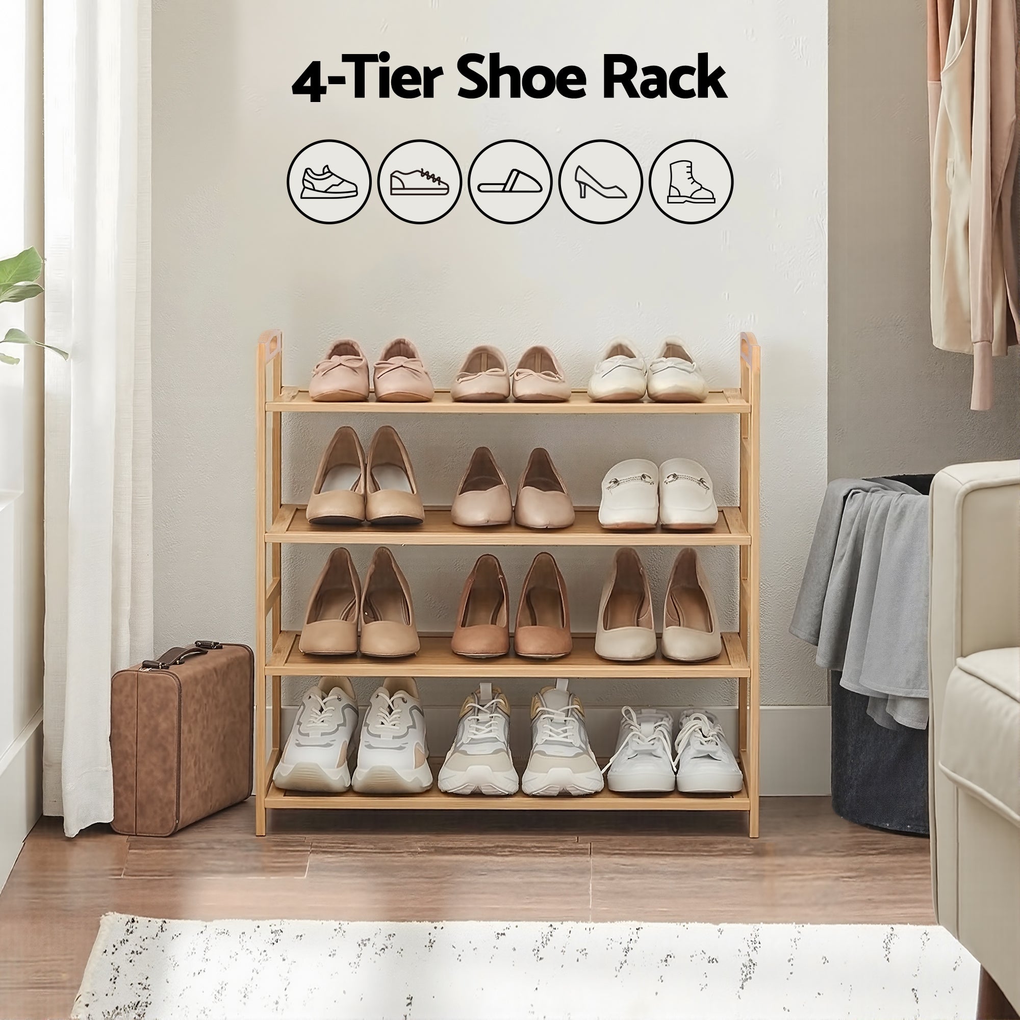Artiss 4 Tier Shoe Rack Bamboo Storage Organiser Pine Bedworld