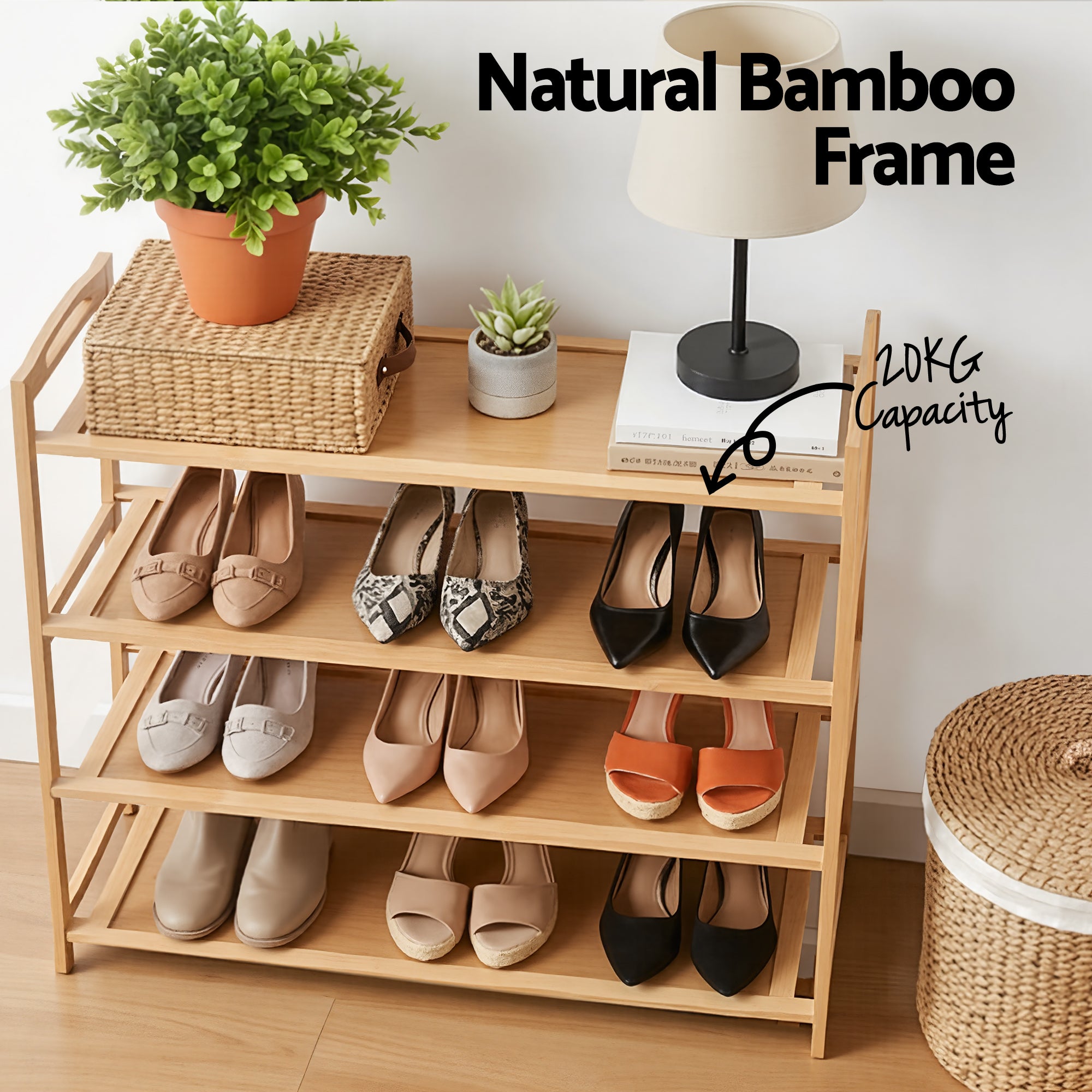 Artiss 4 Tier Shoe Rack Bamboo Storage Organiser Pine Bedworld