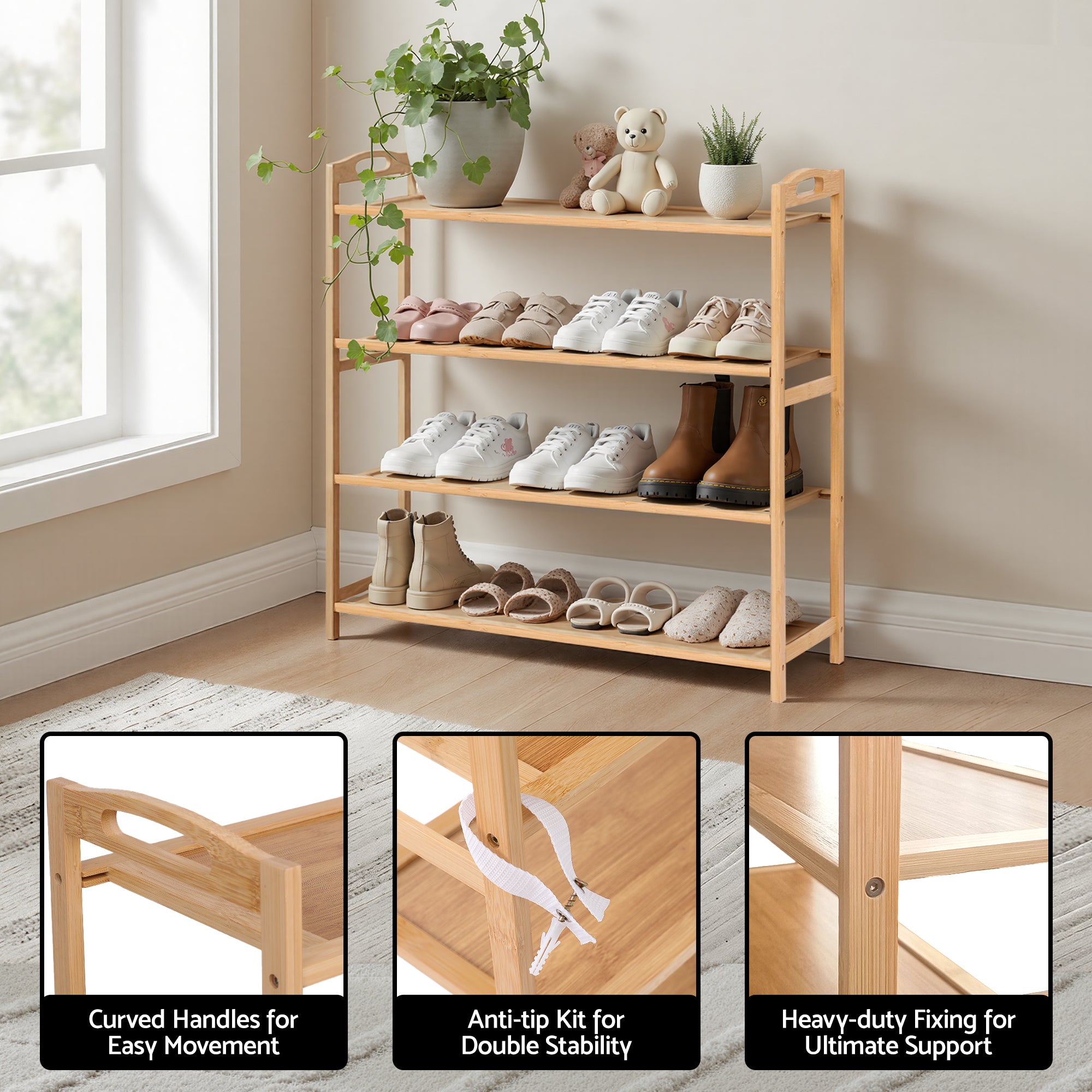 Artiss 4 Tier Shoe Rack Bamboo Storage Organiser Pine Bedworld