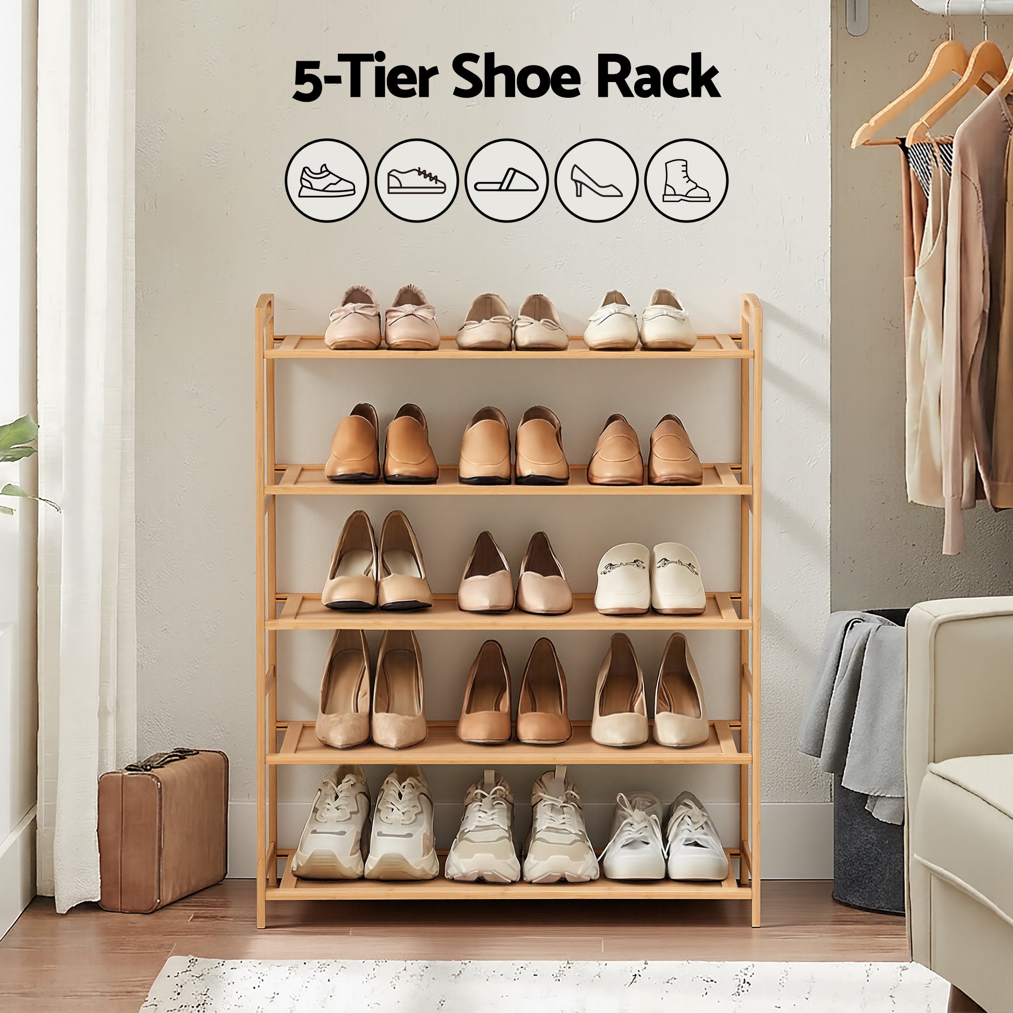 Artiss 5 Tier Shoe Rack Bamboo Storage Organiser Pine Bedworld