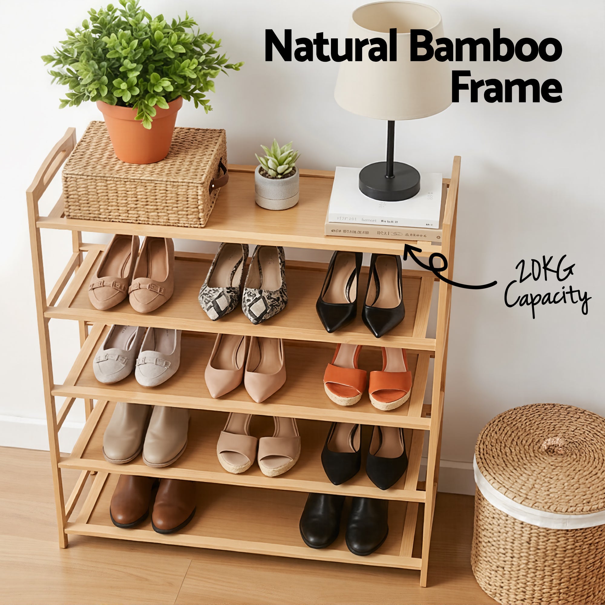 Artiss 5 Tier Shoe Rack Bamboo Storage Organiser Pine Bedworld