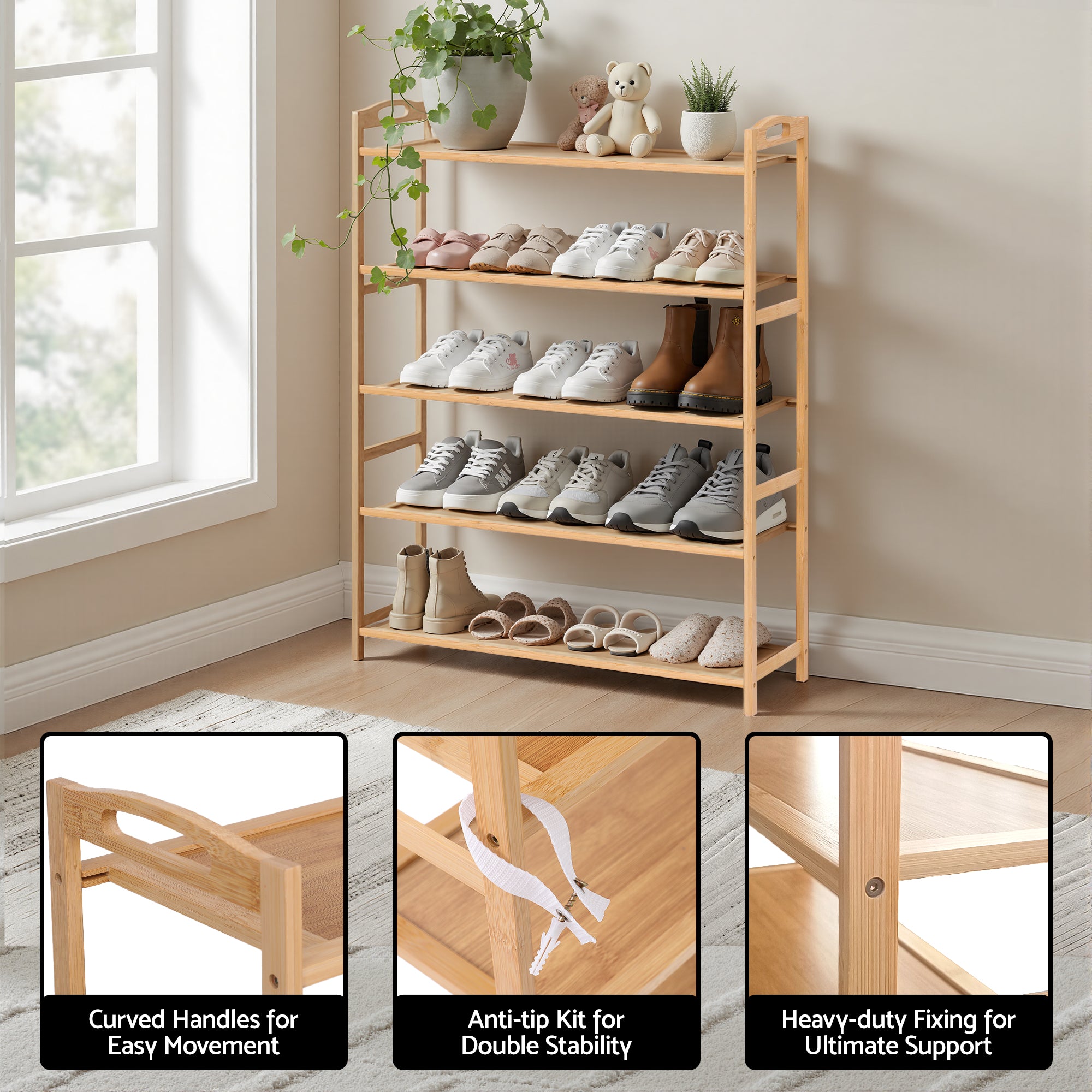 Artiss 5 Tier Shoe Rack Bamboo Storage Organiser Pine Bedworld