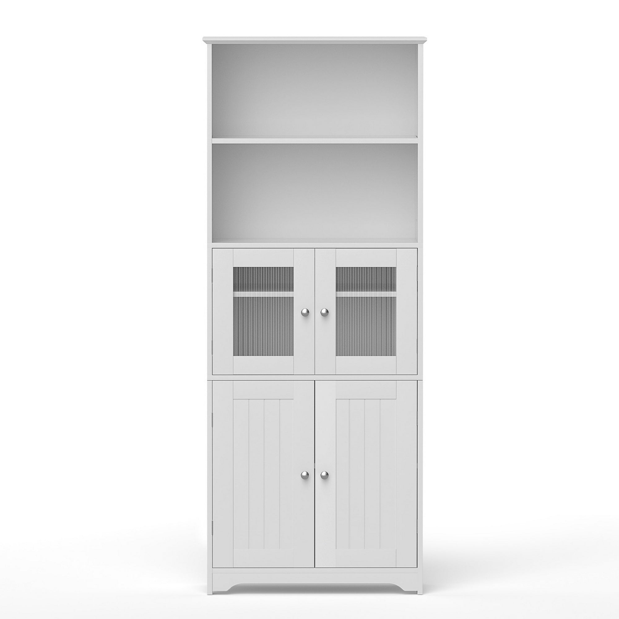 White sideboard cabinet with top open shelving and four door compartments