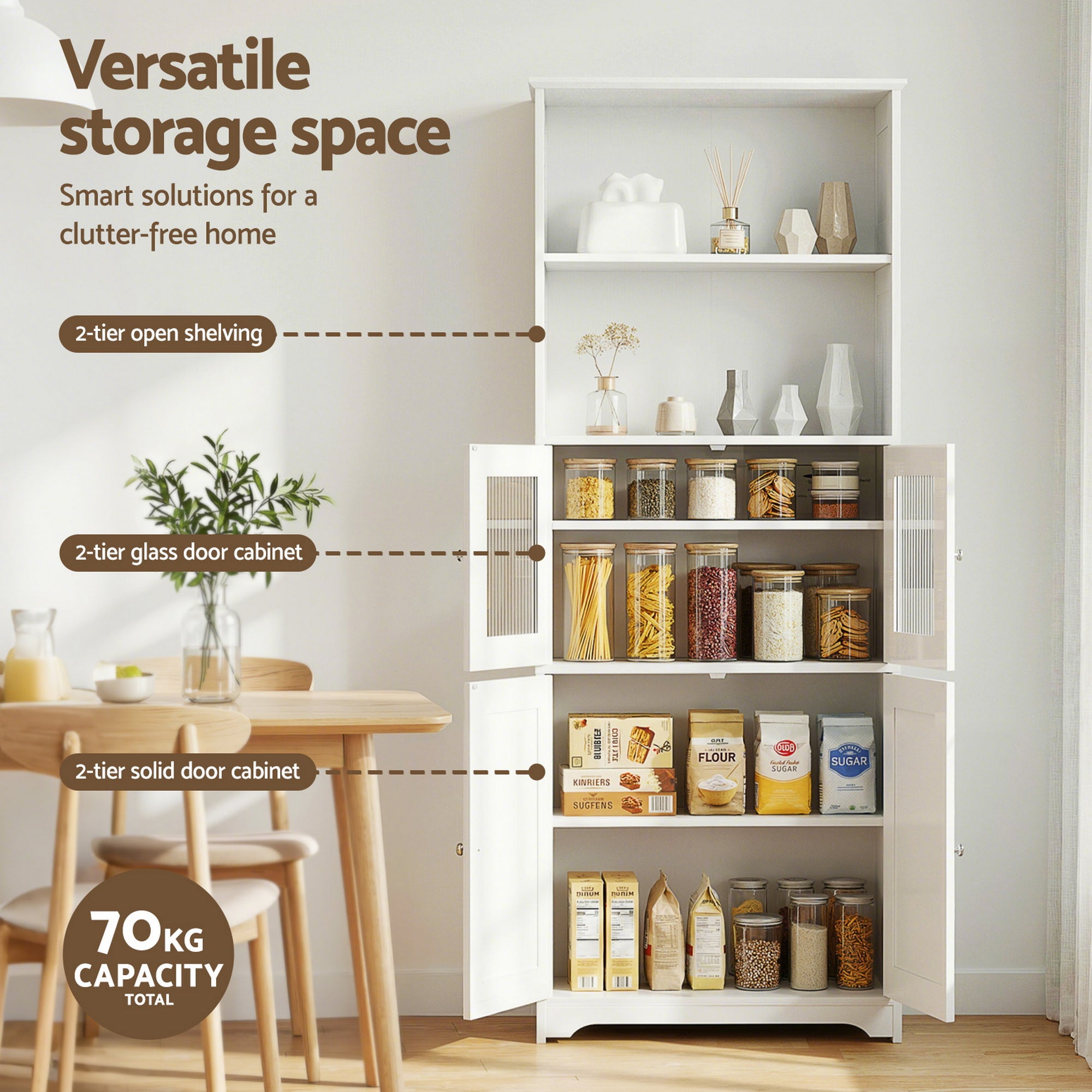 White sideboard cabinet with glass-door upper shelves and solid lower doors