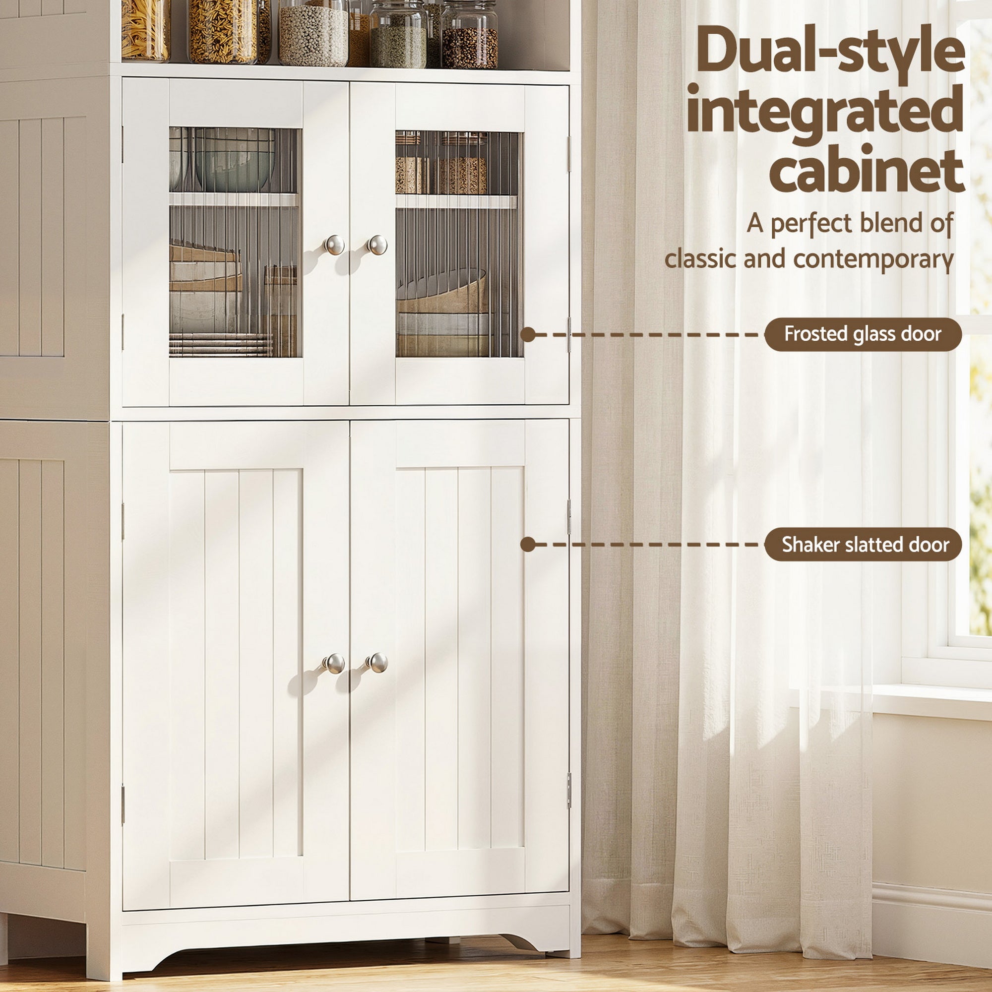 White sideboard cabinet with frosted glass doors and shaker-style slatted doors