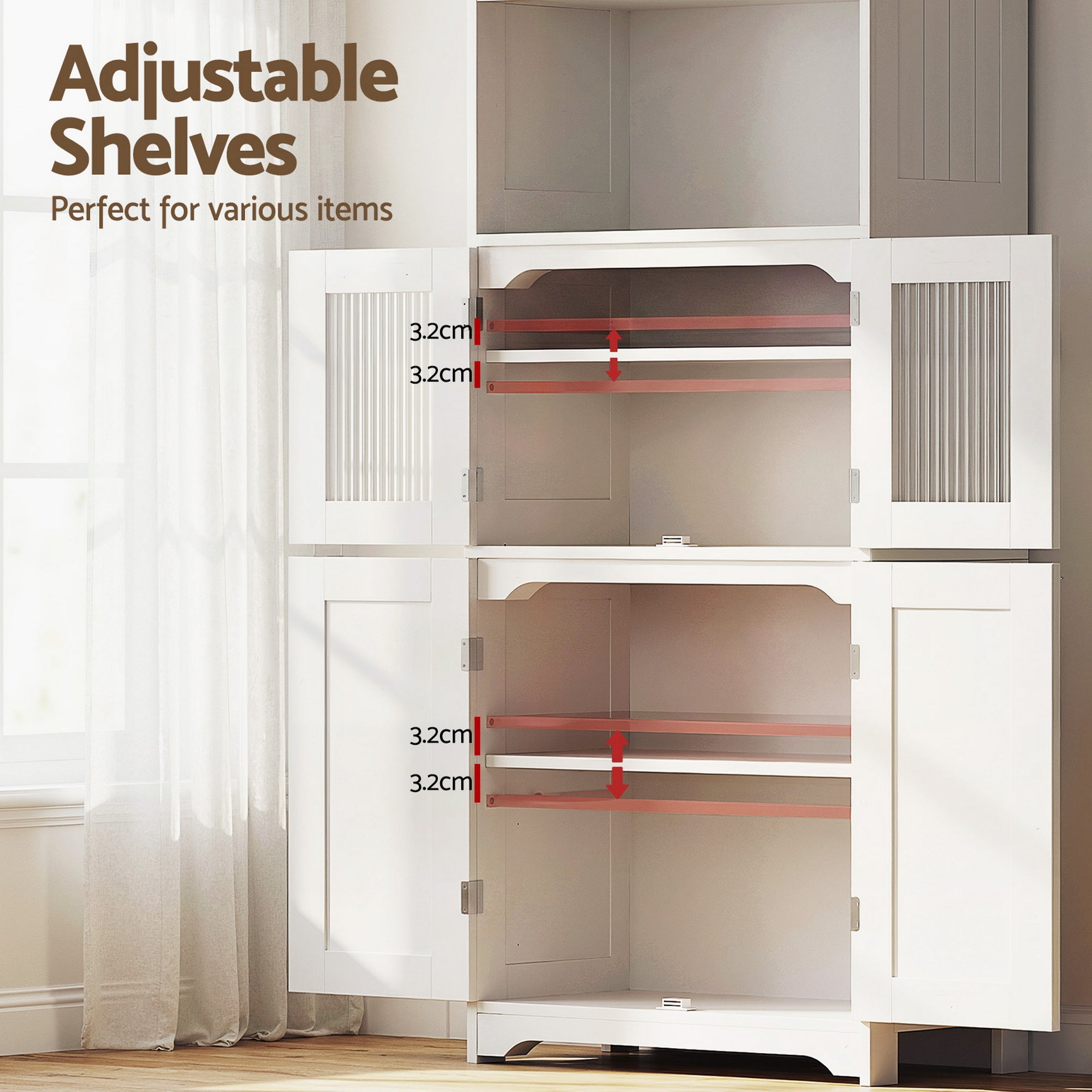 White sideboard interior with adjustable shelves and storage compartments