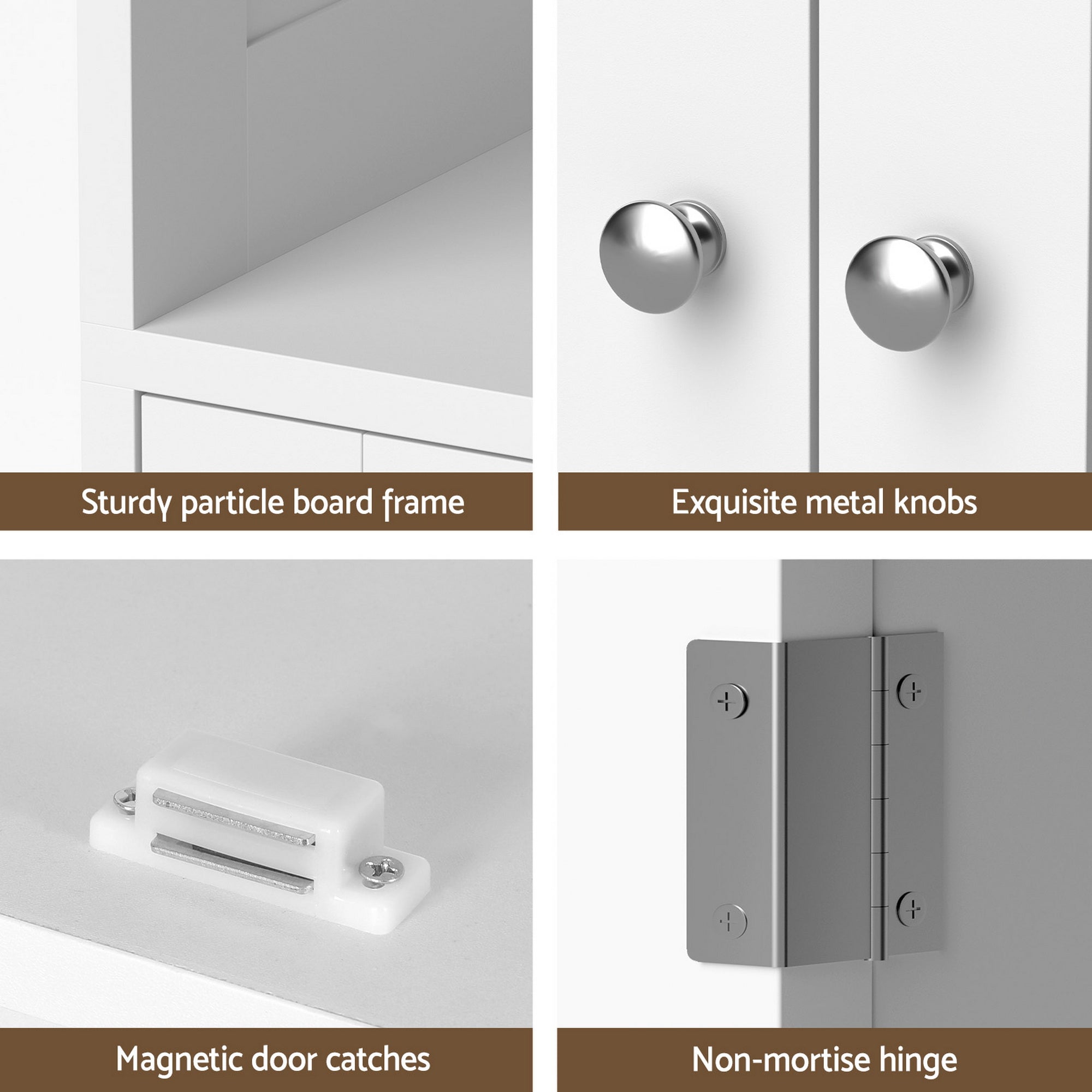 White cabinet hardware with round metal knobs and magnetic door catches