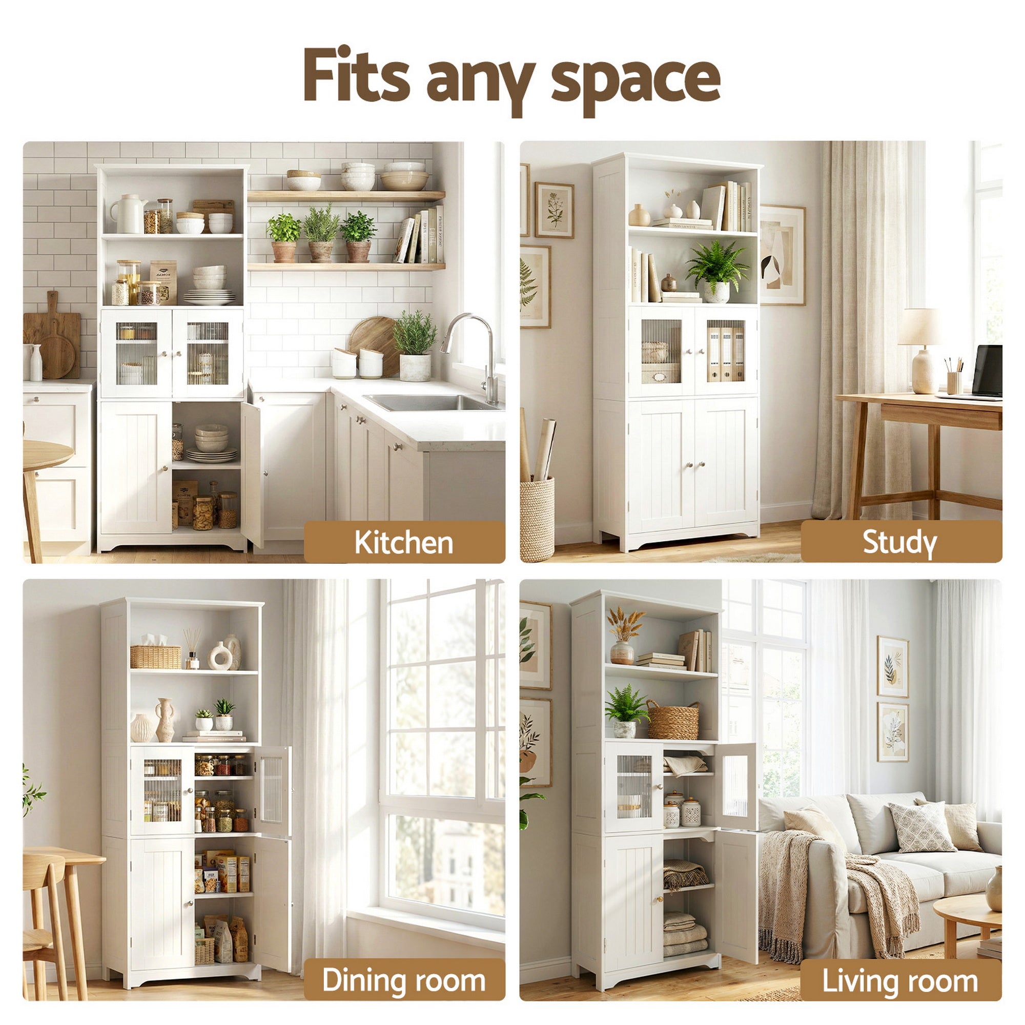 White sideboard cabinet with open shelves and door storage for home use