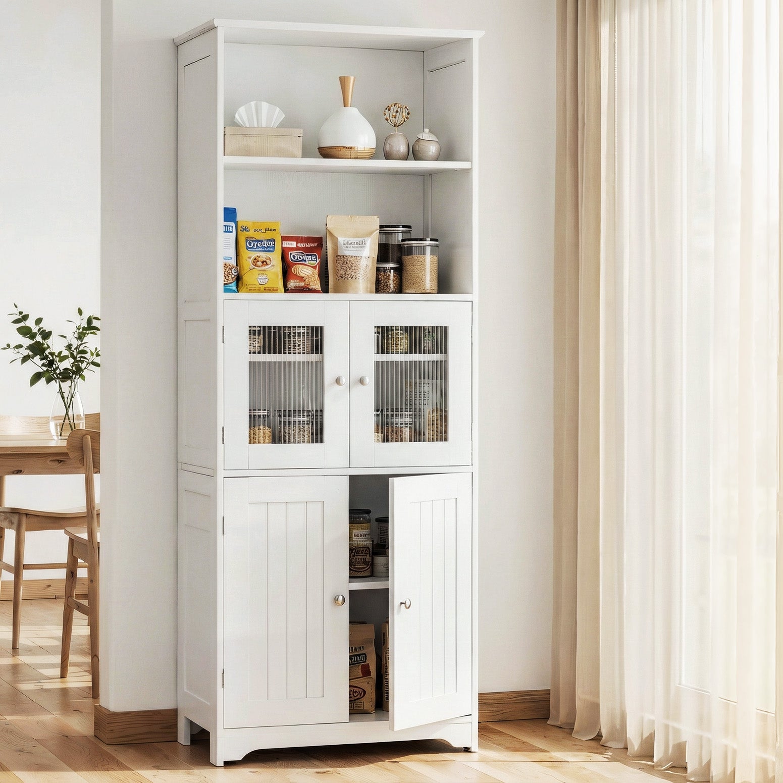 White sideboard cabinet with frosted glass upper doors and two lower solid doors