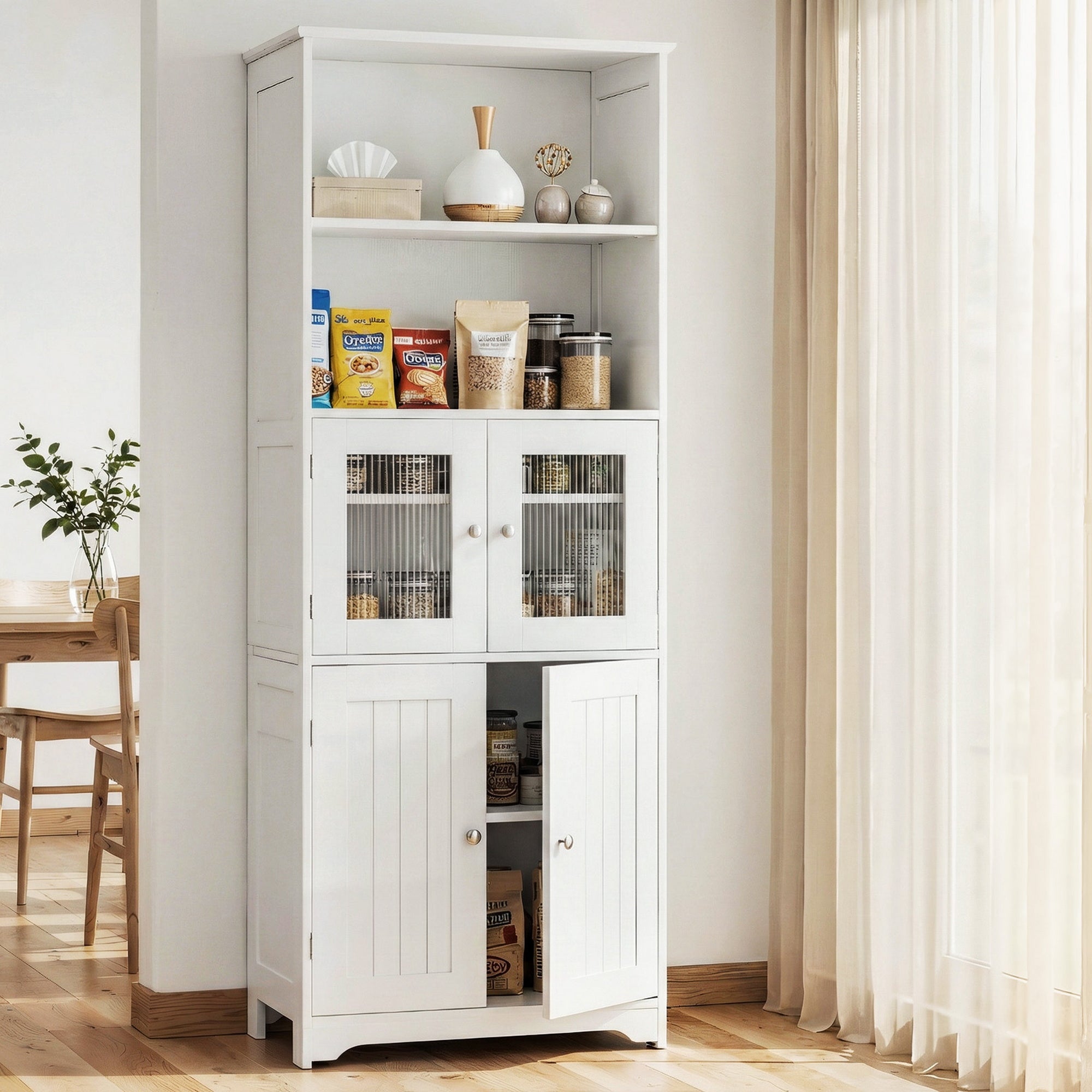 White buffet sideboard with open shelves and mesh-door storage plus double panel doors.