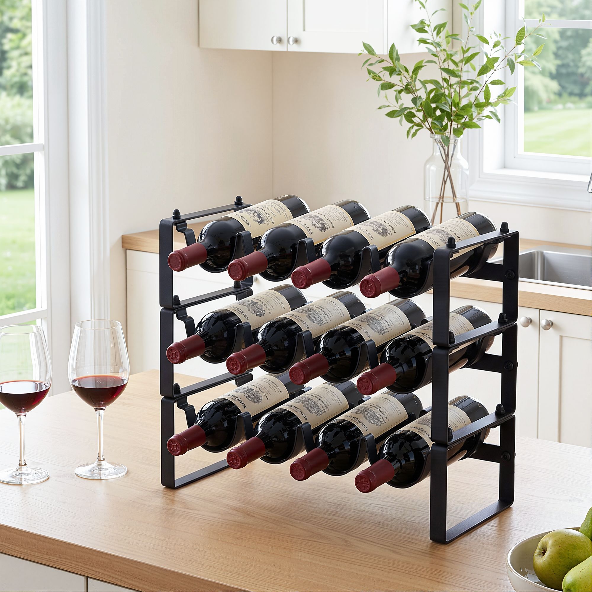 Artiss 3-Tier Wine Rack Metal Freestanding 12 Bottles Modular Countertop Wine Display Shelf Black Bedworld