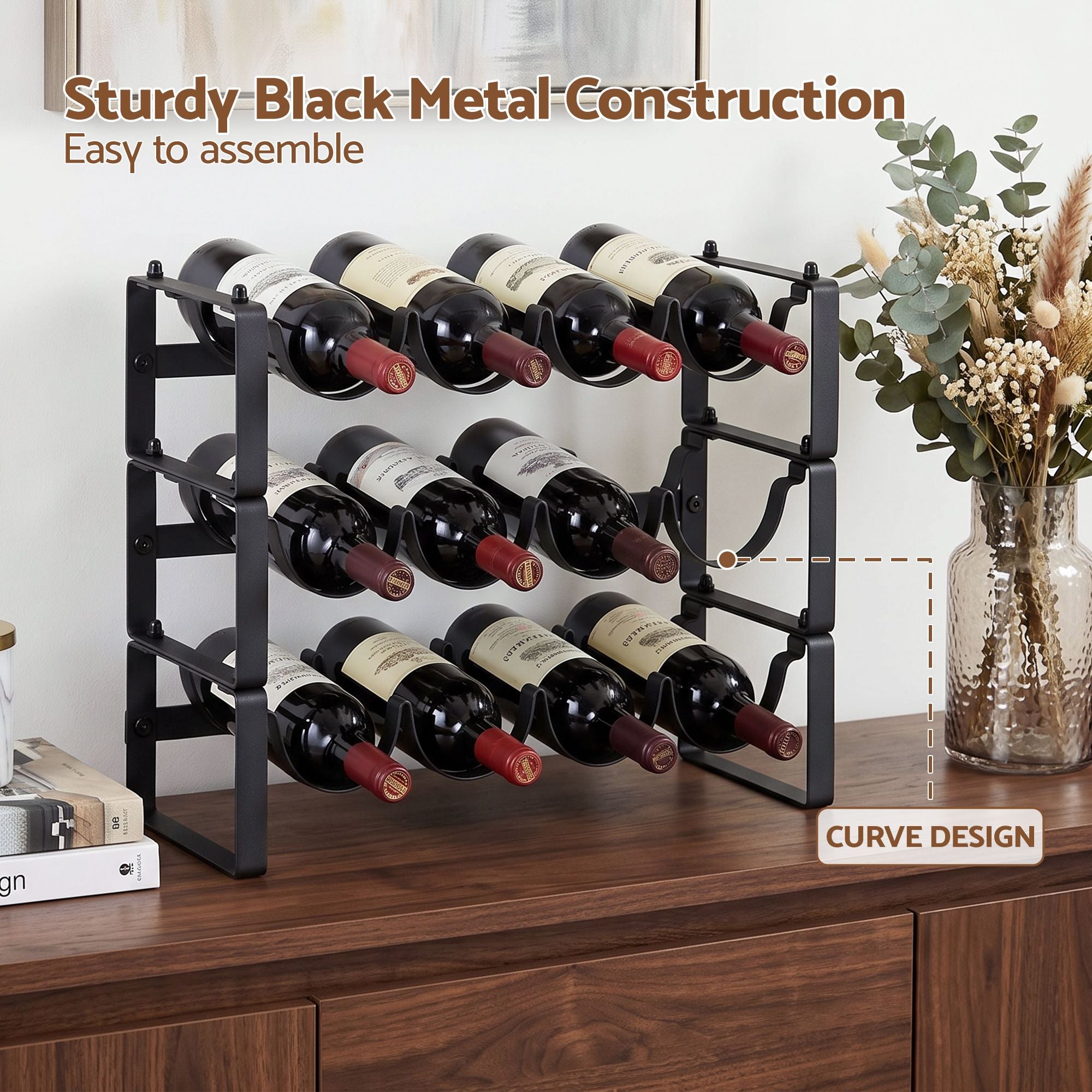 Artiss 3-Tier Wine Rack Metal Freestanding 12 Bottles Modular Countertop Wine Display Shelf Black Bedworld