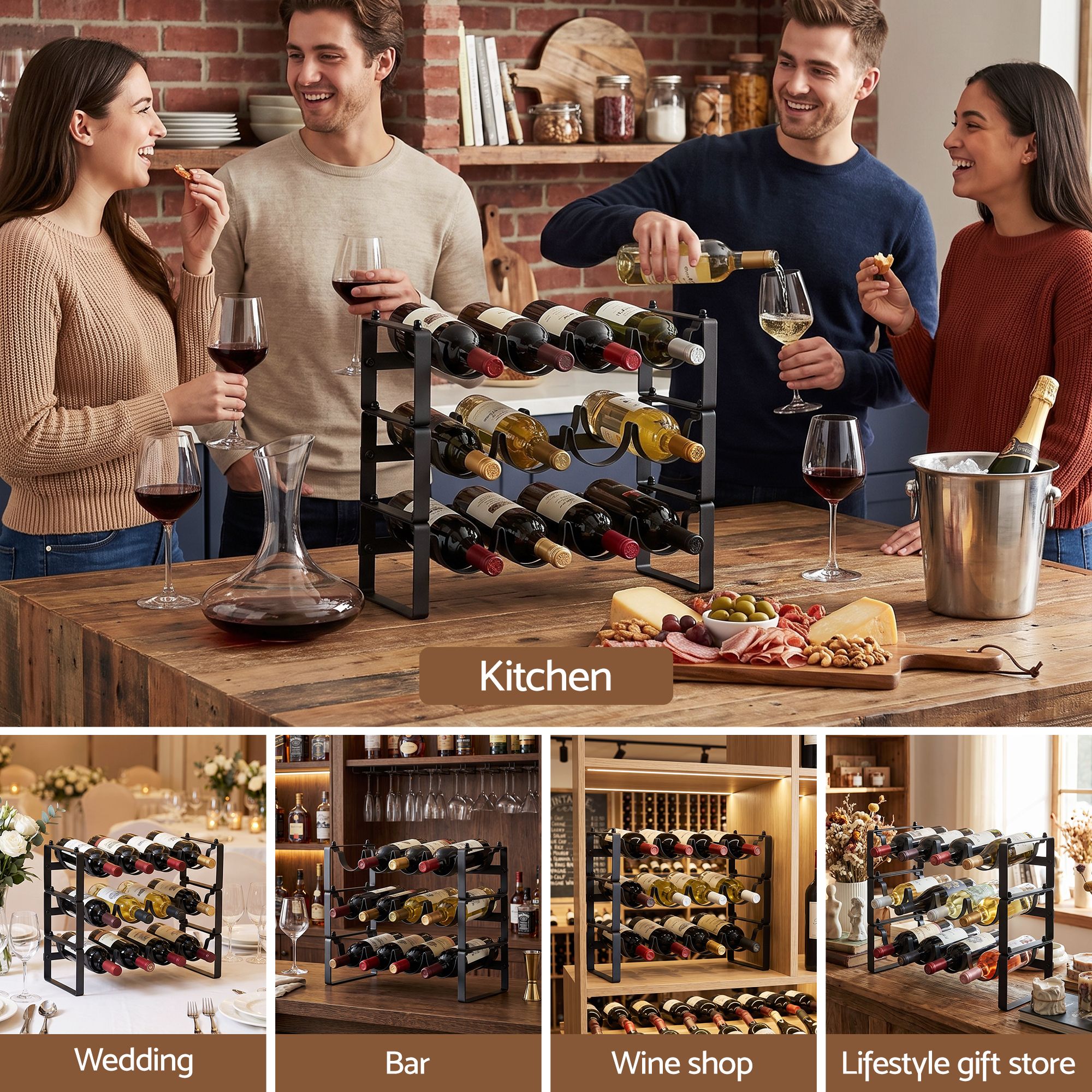 Artiss 3-Tier Wine Rack Metal Freestanding 12 Bottles Modular Countertop Wine Display Shelf Black Bedworld