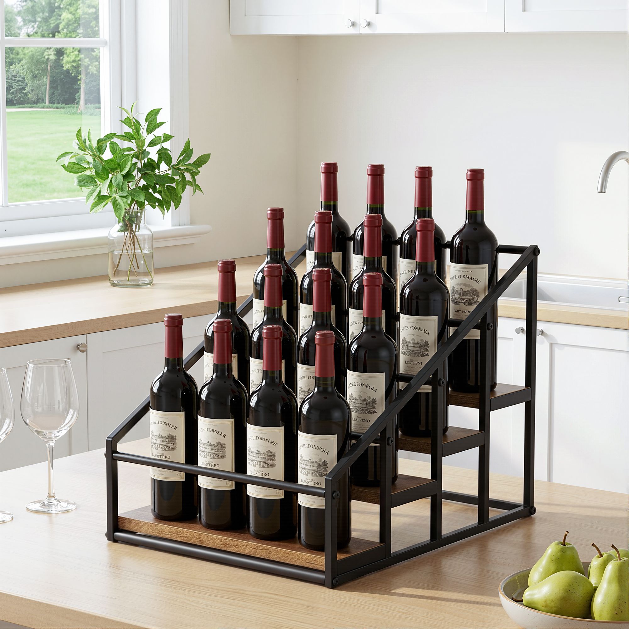 Artiss 4-Tier Wine Rack Tabletop Countertop Wine Bottle Holder 16 Bottles Freestanding Black & Wood Bedworld