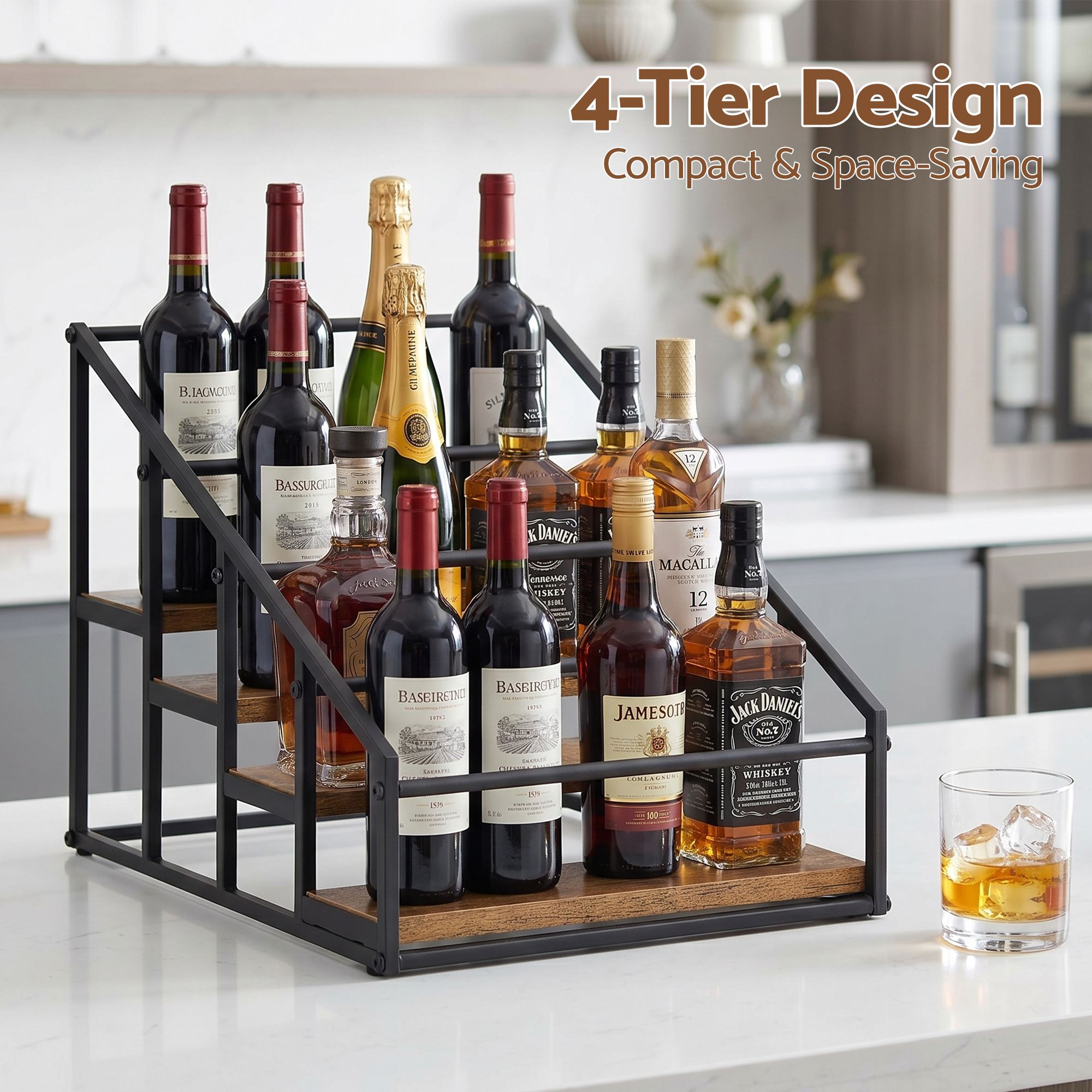 Artiss 4-Tier Wine Rack Tabletop Countertop Wine Bottle Holder 16 Bottles Freestanding Black & Wood Bedworld