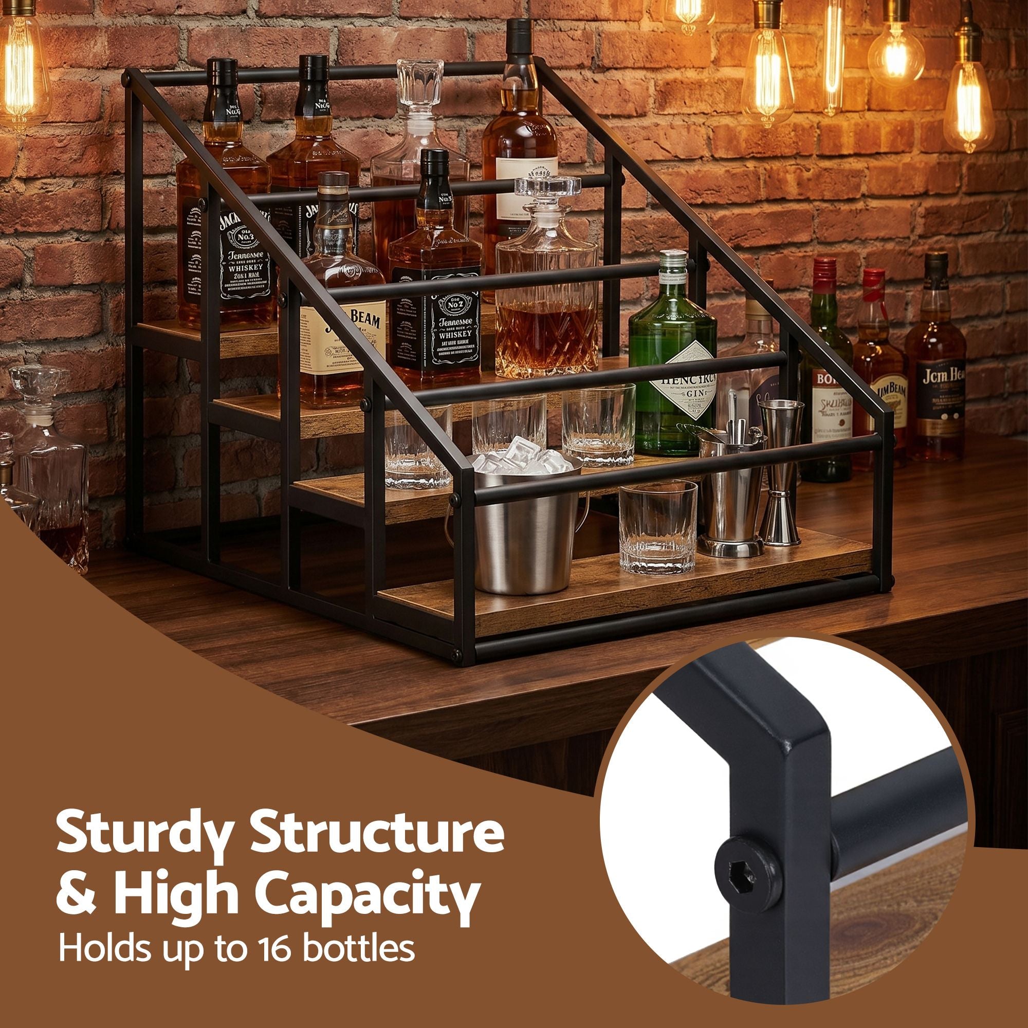 Artiss 4-Tier Wine Rack Tabletop Countertop Wine Bottle Holder 16 Bottles Freestanding Black & Wood Bedworld