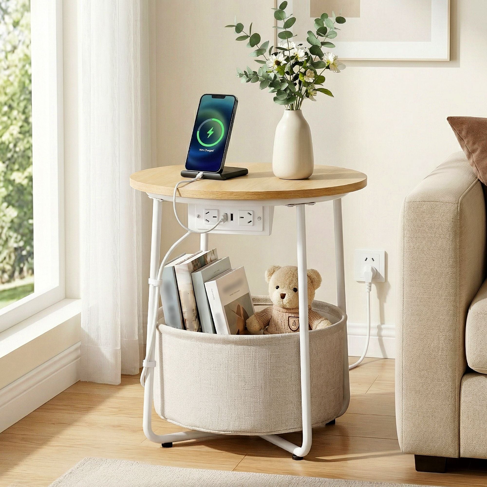 Artiss Round Coffee Table Side End Table Charging Station Storage Basket Bedworld