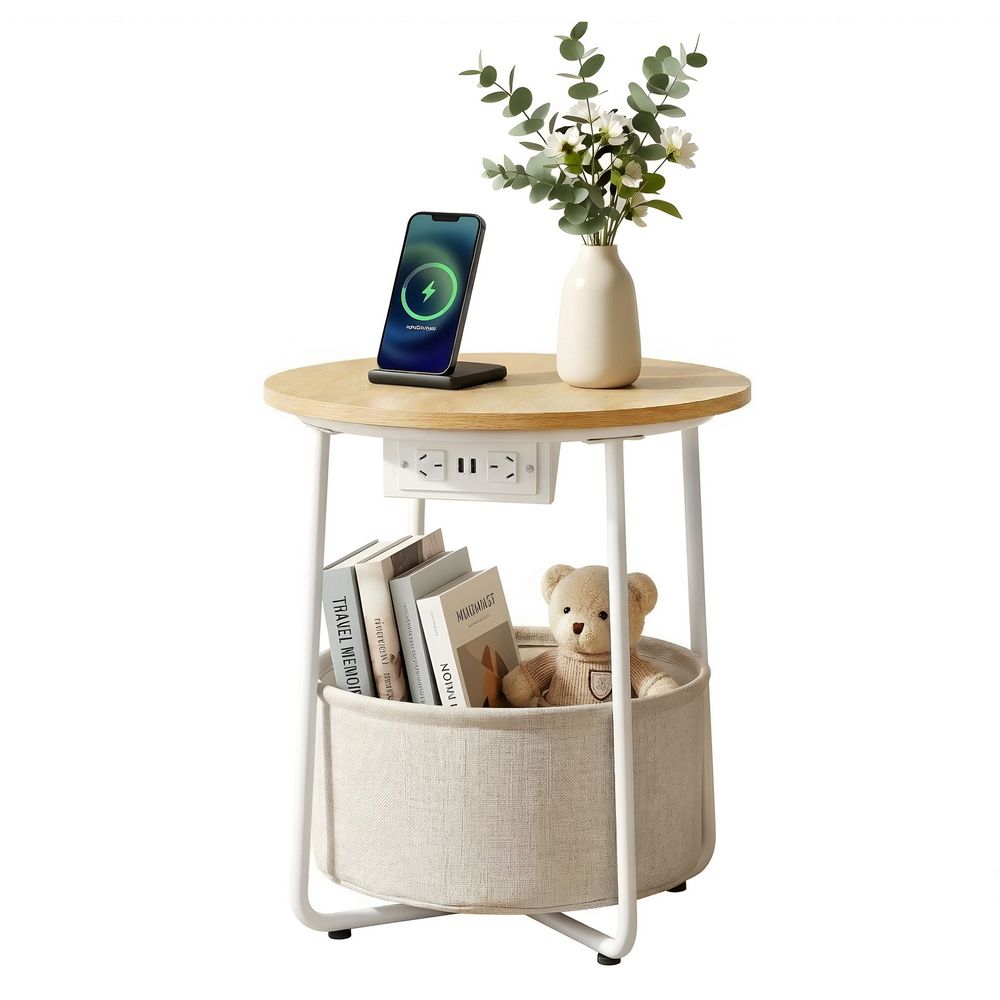 Artiss Round Coffee Table Side End Table Charging Station Storage Basket Bedworld