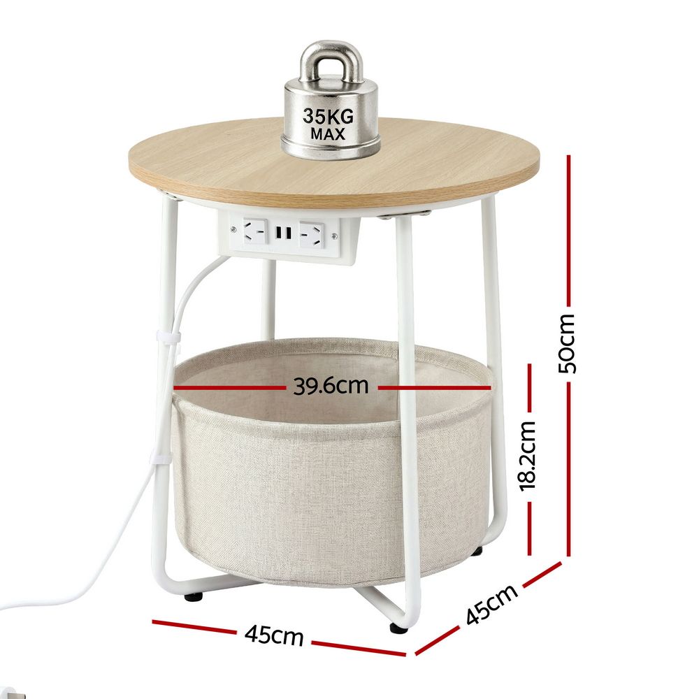 Artiss Round Coffee Table Side End Table Charging Station Storage Basket Bedworld