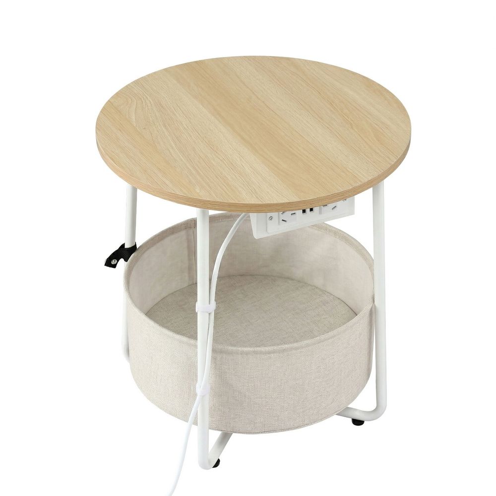 Artiss Round Coffee Table Side End Table Charging Station Storage Basket Bedworld