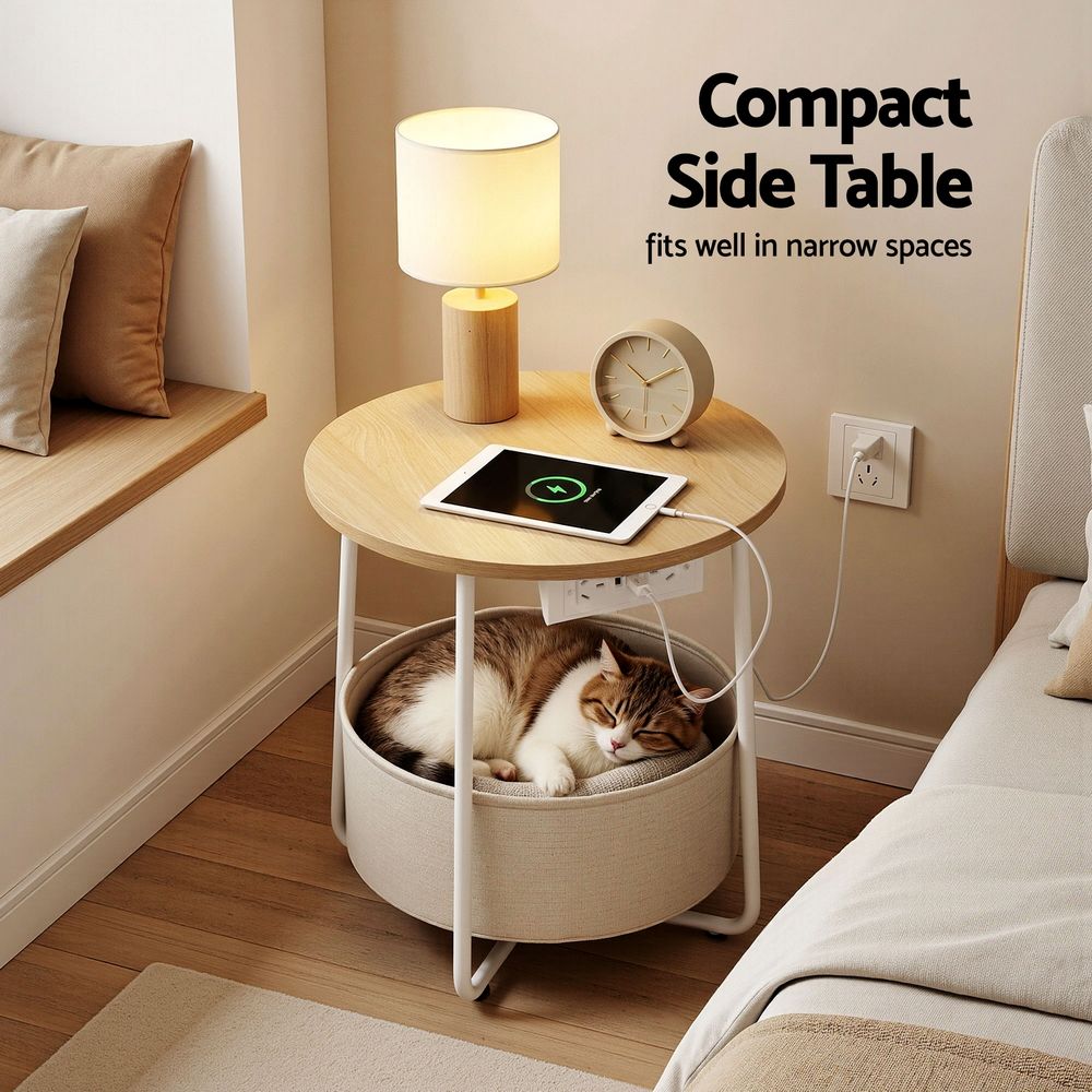 Artiss Round Coffee Table Side End Table Charging Station Storage Basket Bedworld