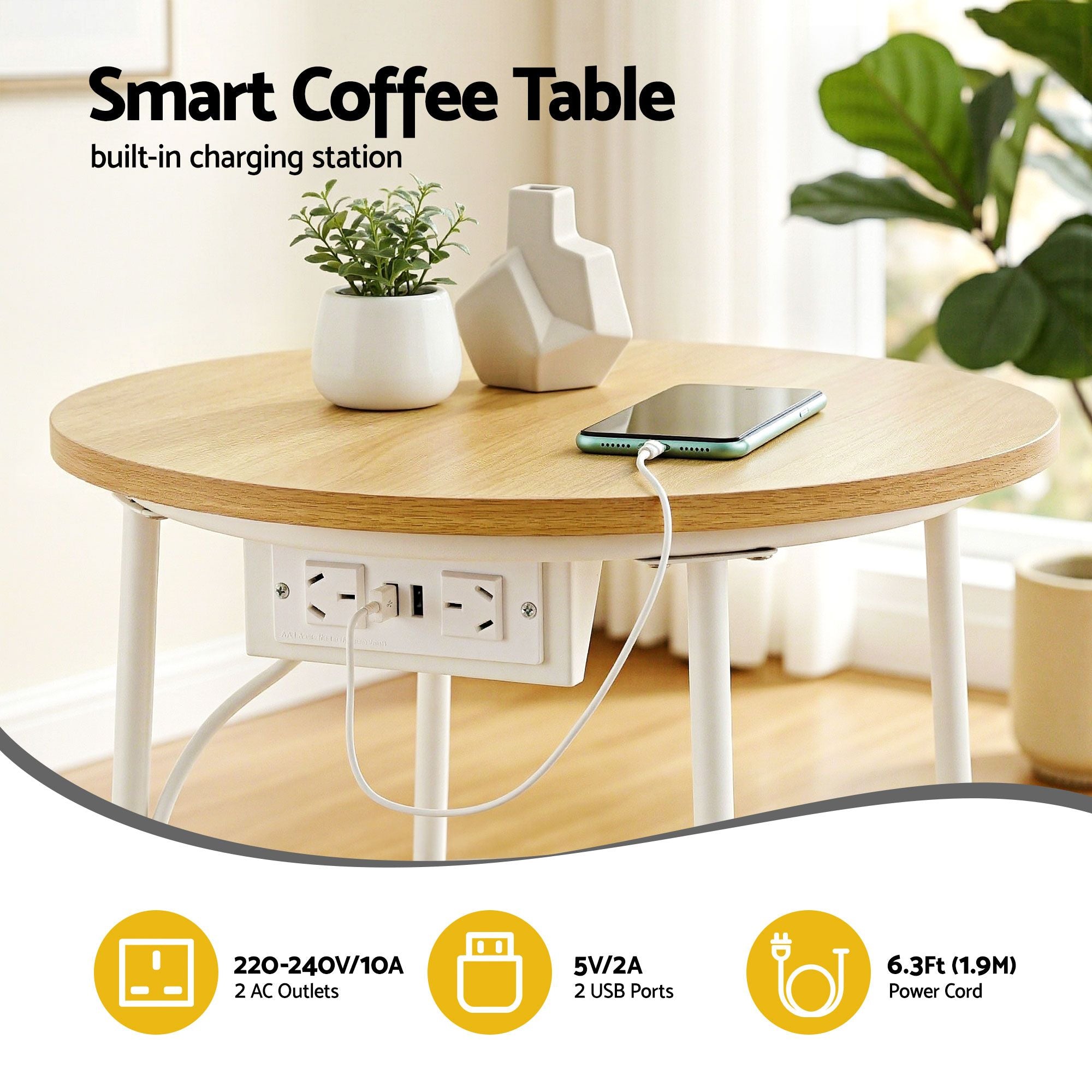 Artiss Round Coffee Table Side End Table Charging Station Storage Basket Bedworld