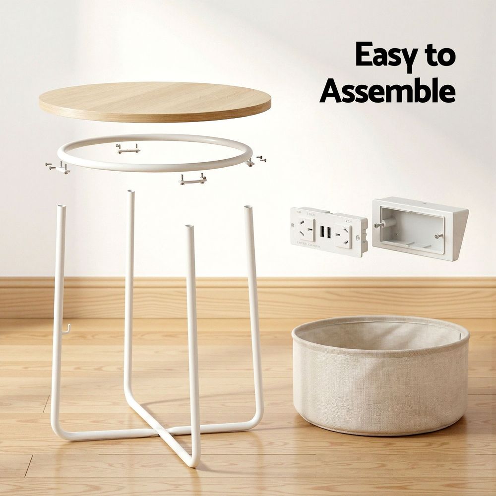 Artiss Round Coffee Table Side End Table Charging Station Storage Basket Bedworld